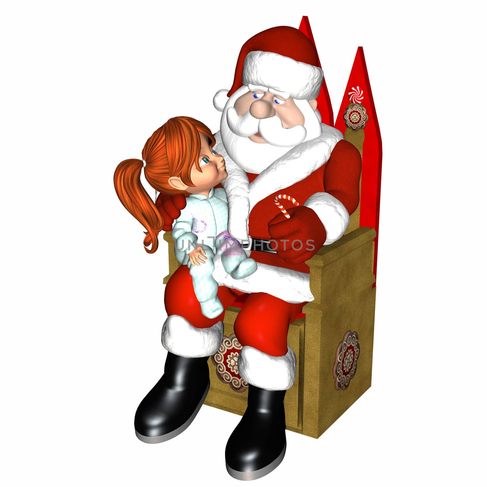 Little girl meeting Santa.  Isolated on a white background.