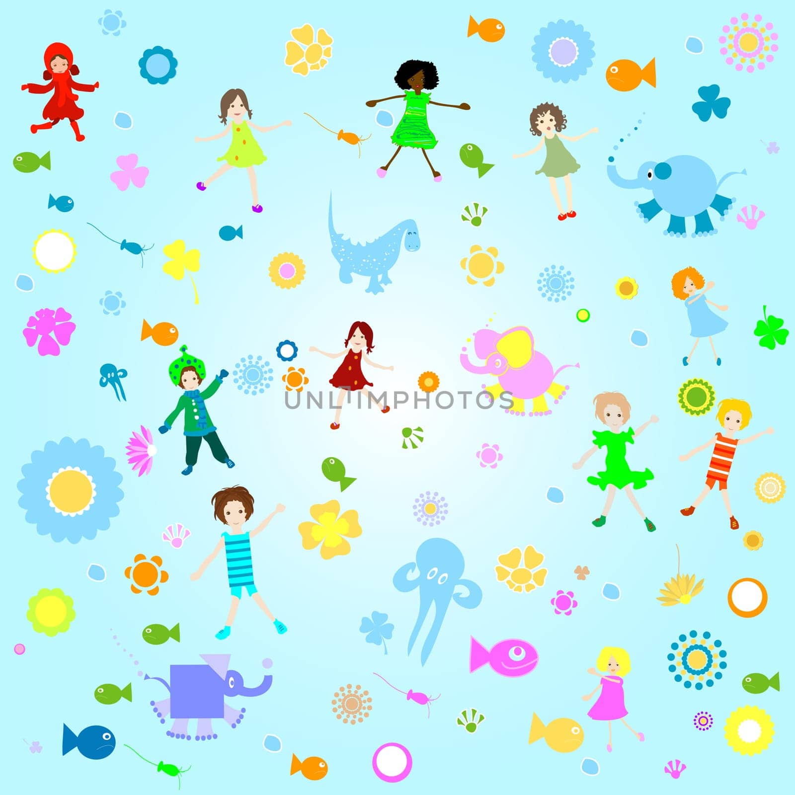 kids background  seamless pattern with children and colorful flowers