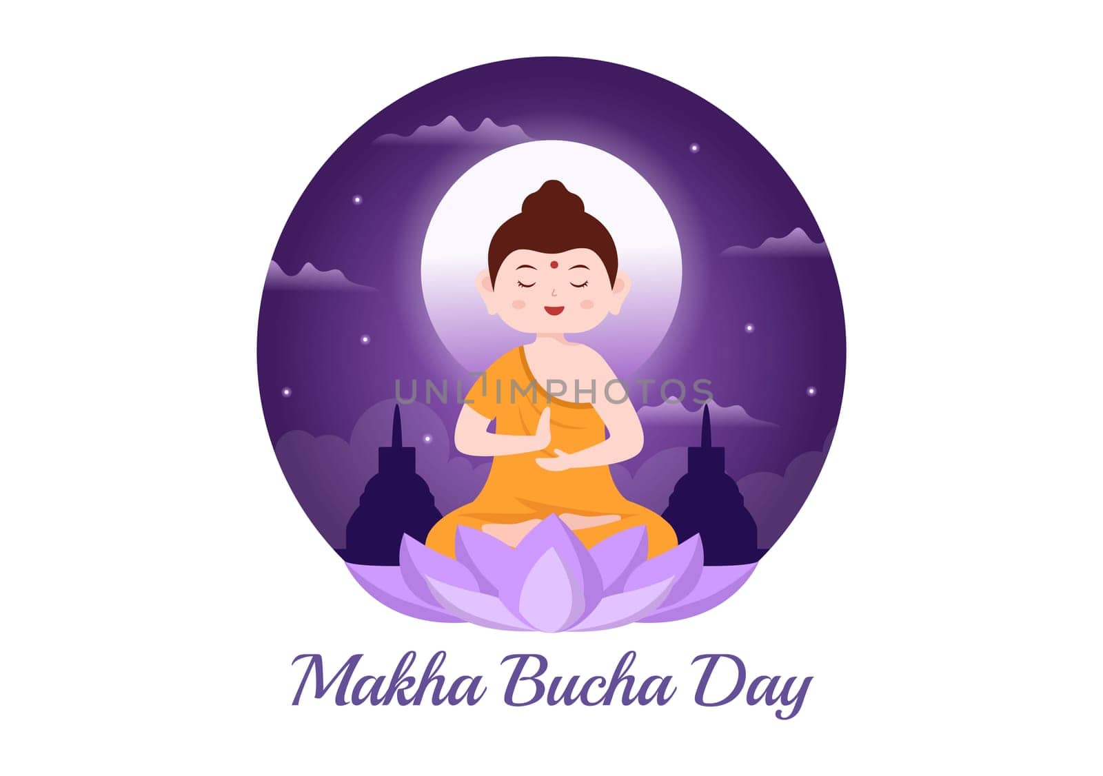 Happy Makha Bucha Day Template Hand Drawn Cartoon Flat Illustration Buddha Sitting in Lotus Flower under Bodhi Tree at Night Surrounded by Monk
