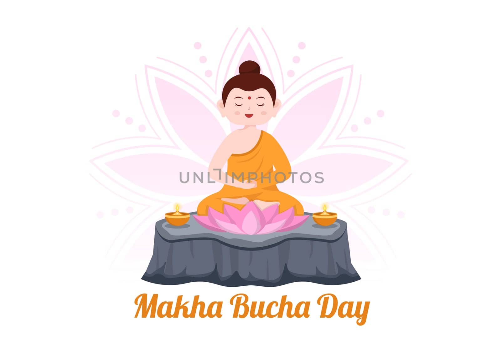 Happy Makha Bucha Day Template Hand Drawn Cartoon Flat Illustration Buddha Sitting in Lotus Flower under Bodhi Tree at Night Surrounded by Monk