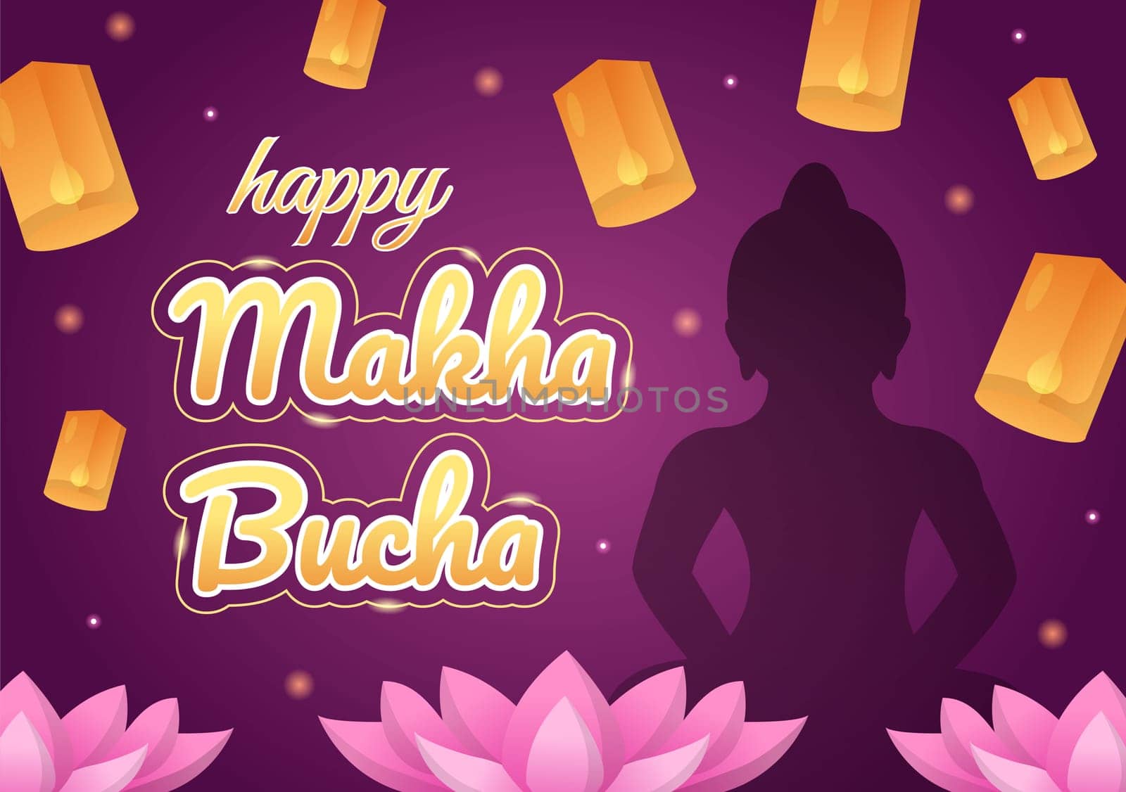 Happy Makha Bucha Day Template Hand Drawn Cartoon Flat Illustration Buddha Sitting in Lotus Flower under Bodhi Tree at Night Surrounded by Monk