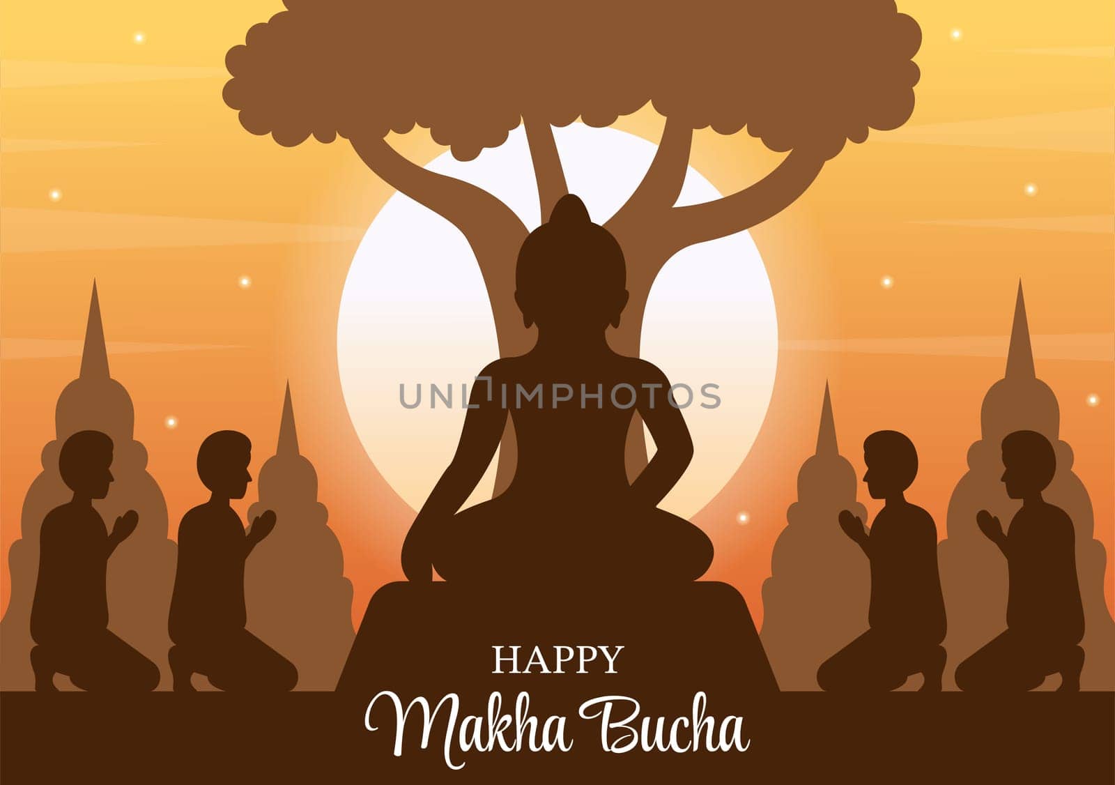 Happy Makha Bucha Day Template Hand Drawn Cartoon Flat Illustration Buddha Sitting in Lotus Flower under Bodhi Tree at Night Surrounded by Monk