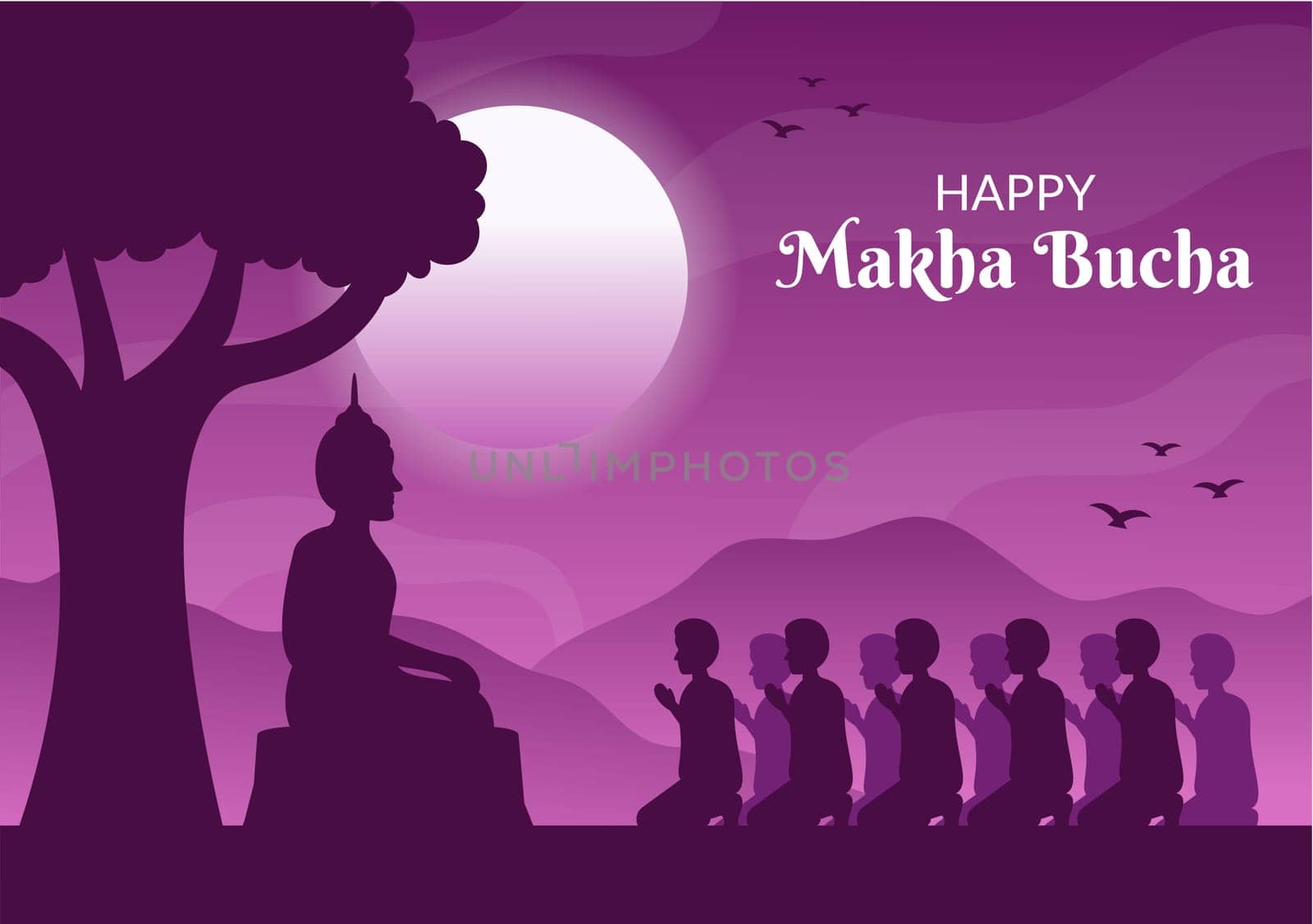 Happy Makha Bucha Day Template Hand Drawn Cartoon Flat Illustration Buddha Sitting in Lotus Flower under Bodhi Tree at Night Surrounded by Monk