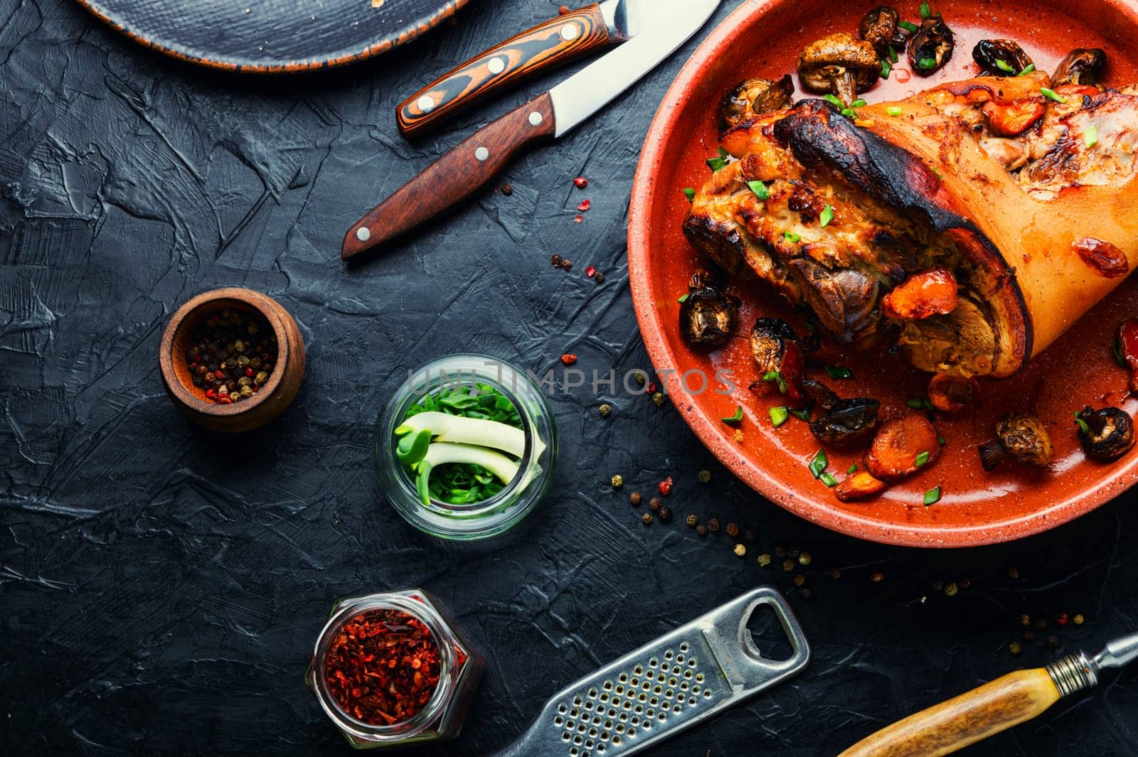 Baked pork leg eisbein. Roasted pork knuckle with spice