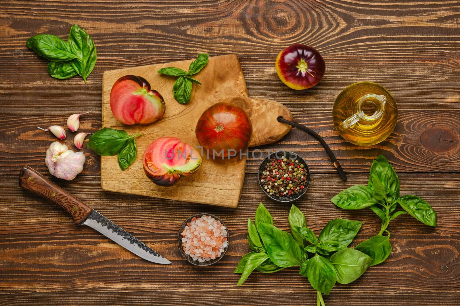 Top view of preparation of spicy tomato salad
