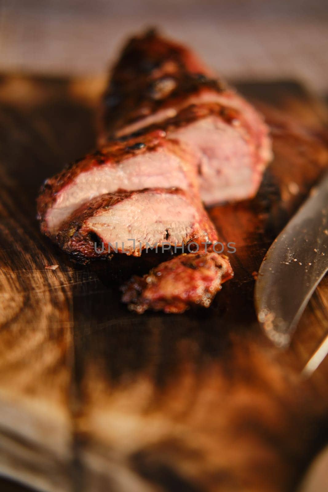 Closeup view of grilled duck meat steak (photo with shallow depth of field)
