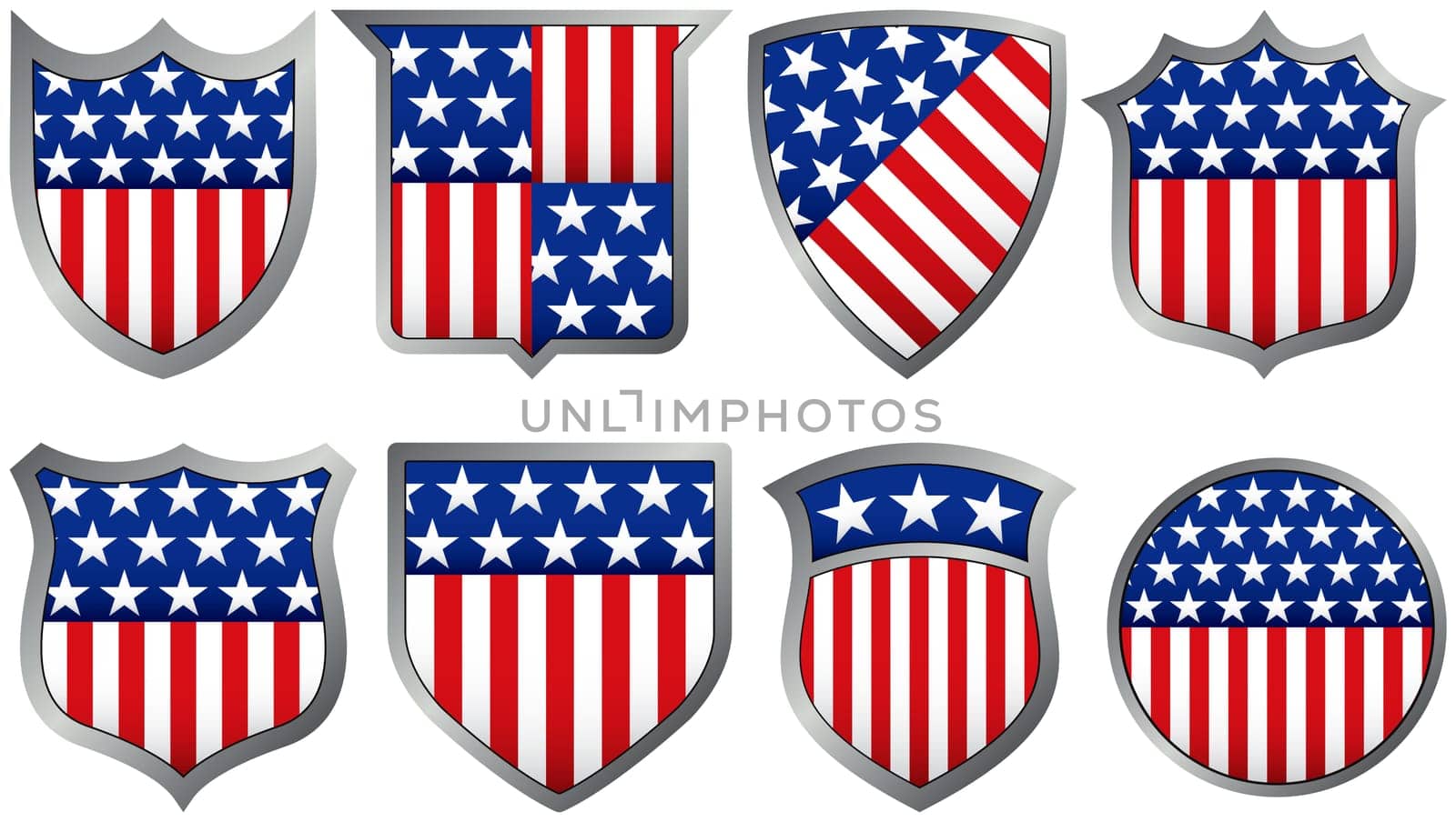 Eight Red White and Blue Shields