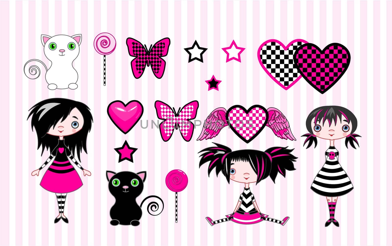 Set of cute emo-stile girls, cats and objects