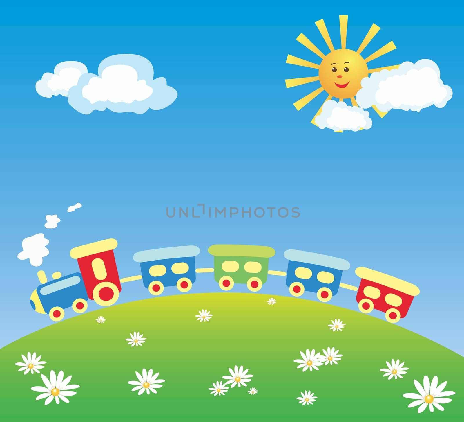 A vector illustration of a steam train running on the hill. Compositions contains a steam engine with several cars, daisies on a green hill, and a blue sky with yellow sun and white clouds. From the KidColors series..