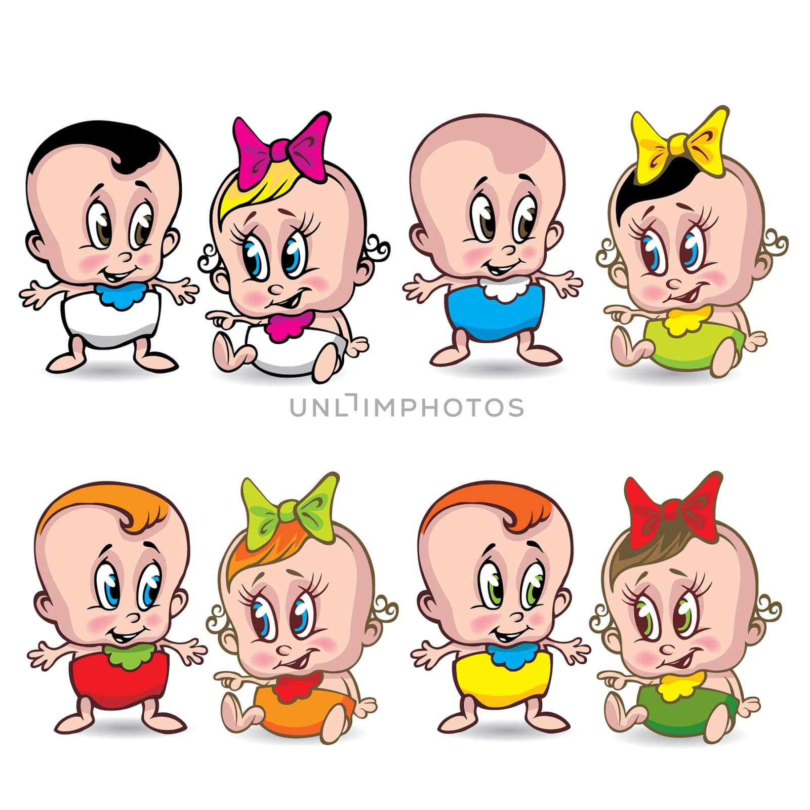 Boy and girl cartoon baby character,whit diapers and bib different colored.Each of them group separately. ZIP contain AICS12 ,PDF, EPS 8 file.