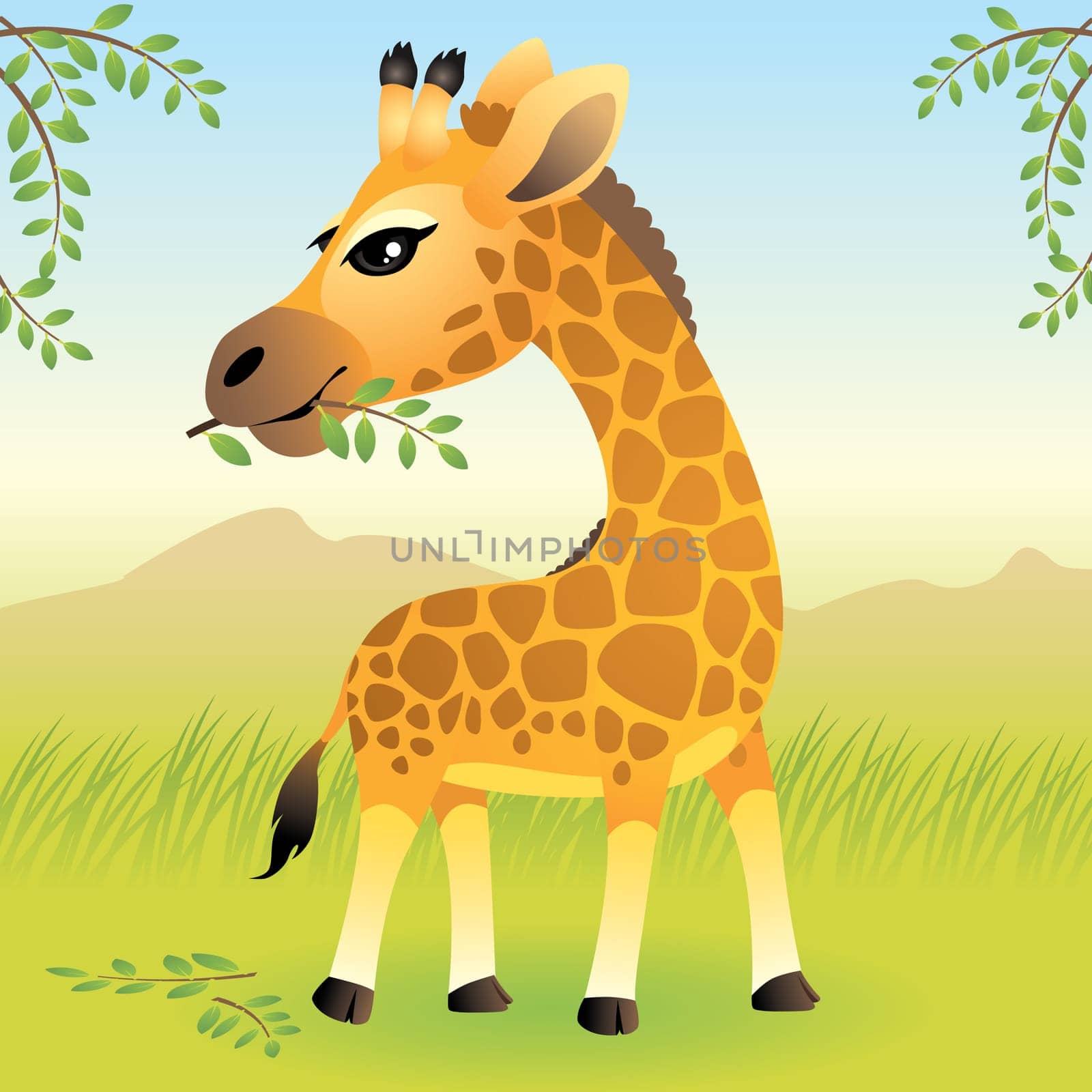 Vector illustration of a baby giraffe. If you like this illustration, check out our baby animal collection.    You can use any vector compatible software to open/modify/use the file. The different graphics are on separate layers so they can be easily edit