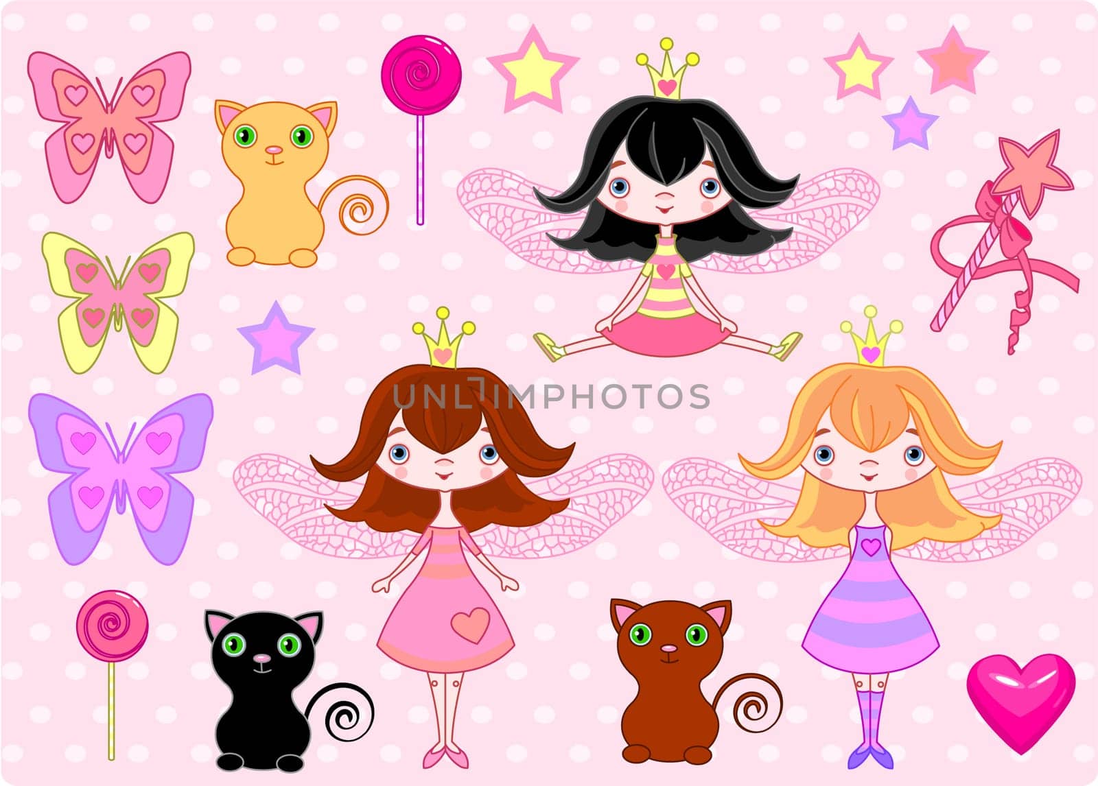 Set of cute fairy princess girls, cats and objects