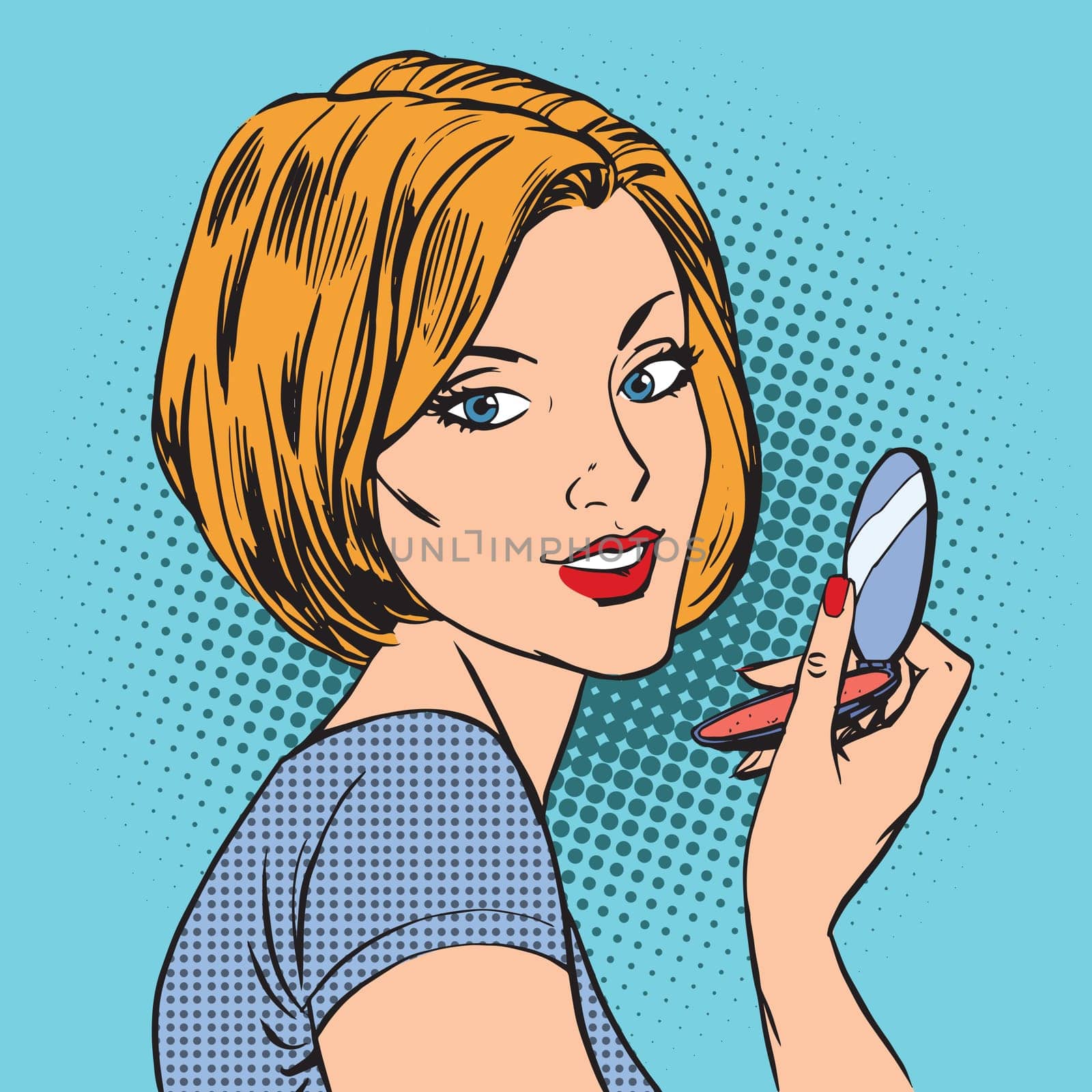The face of a girl with her compact mirror makeup woman pop art comics retro style Halftone. Imitation of old illustrations