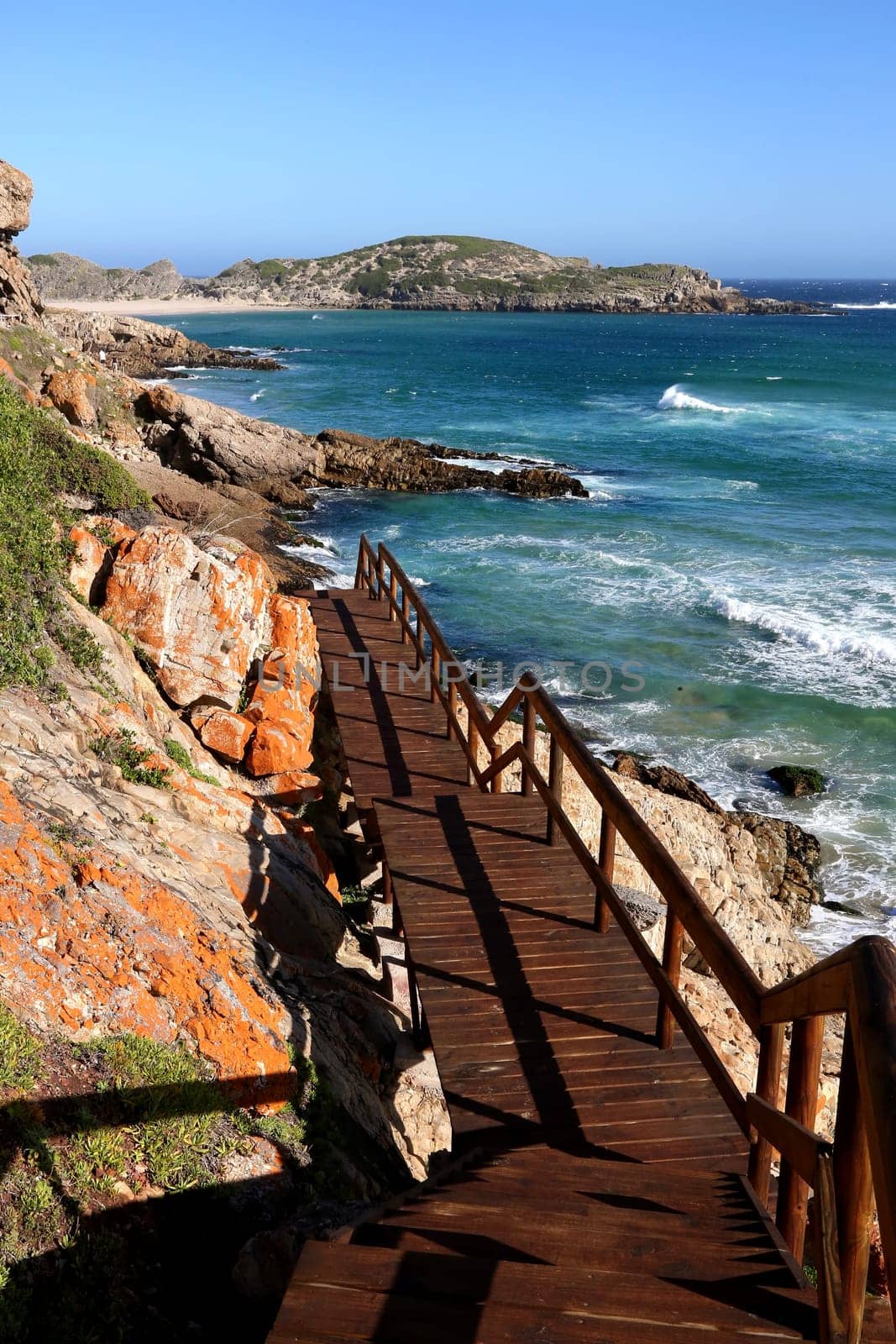 Wooden walkway and coastline at the Robberg near Pletternberg Bay  in South Africa