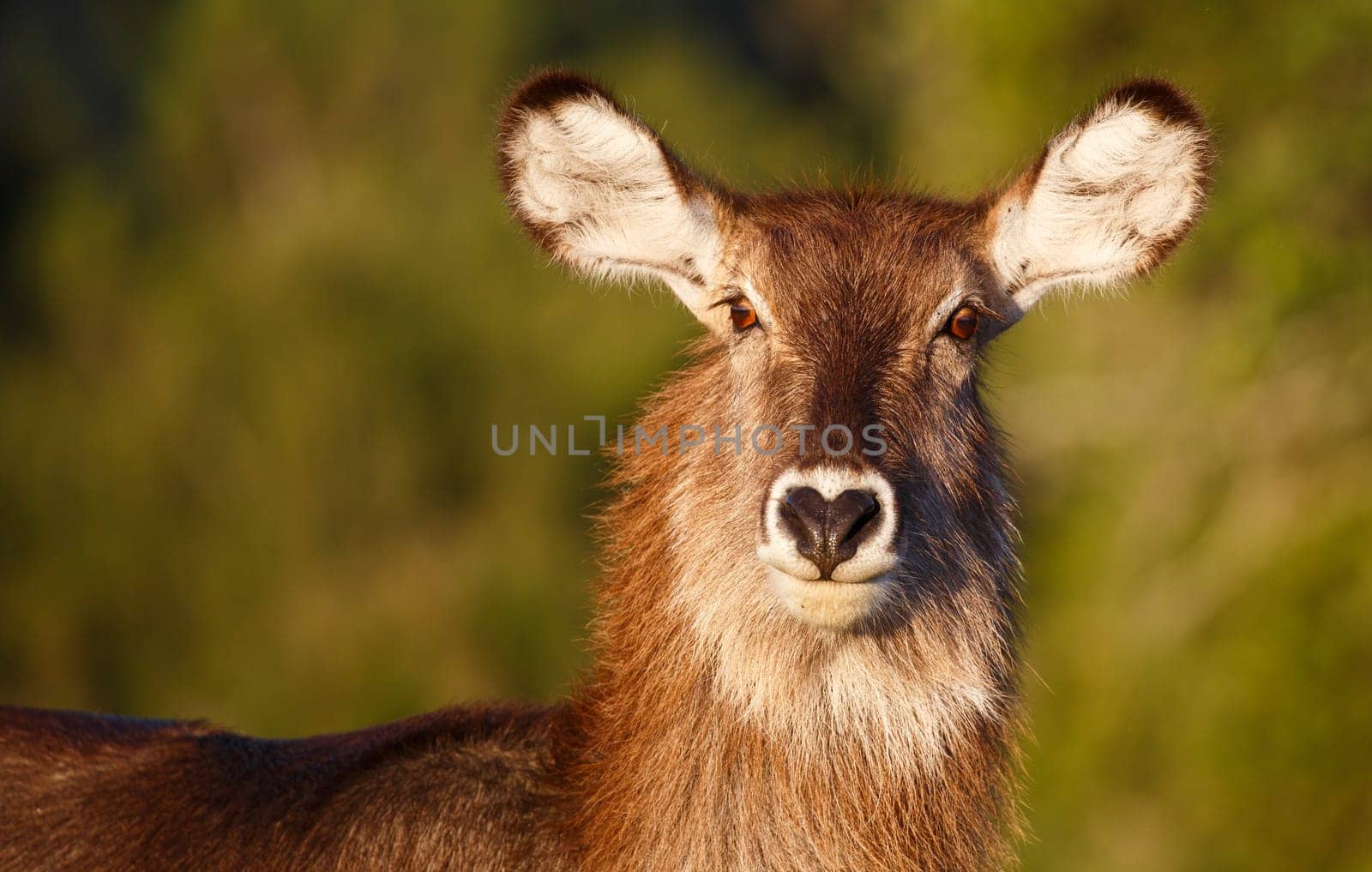 Portrait of a female waterbuck with large ears and shaggy coat