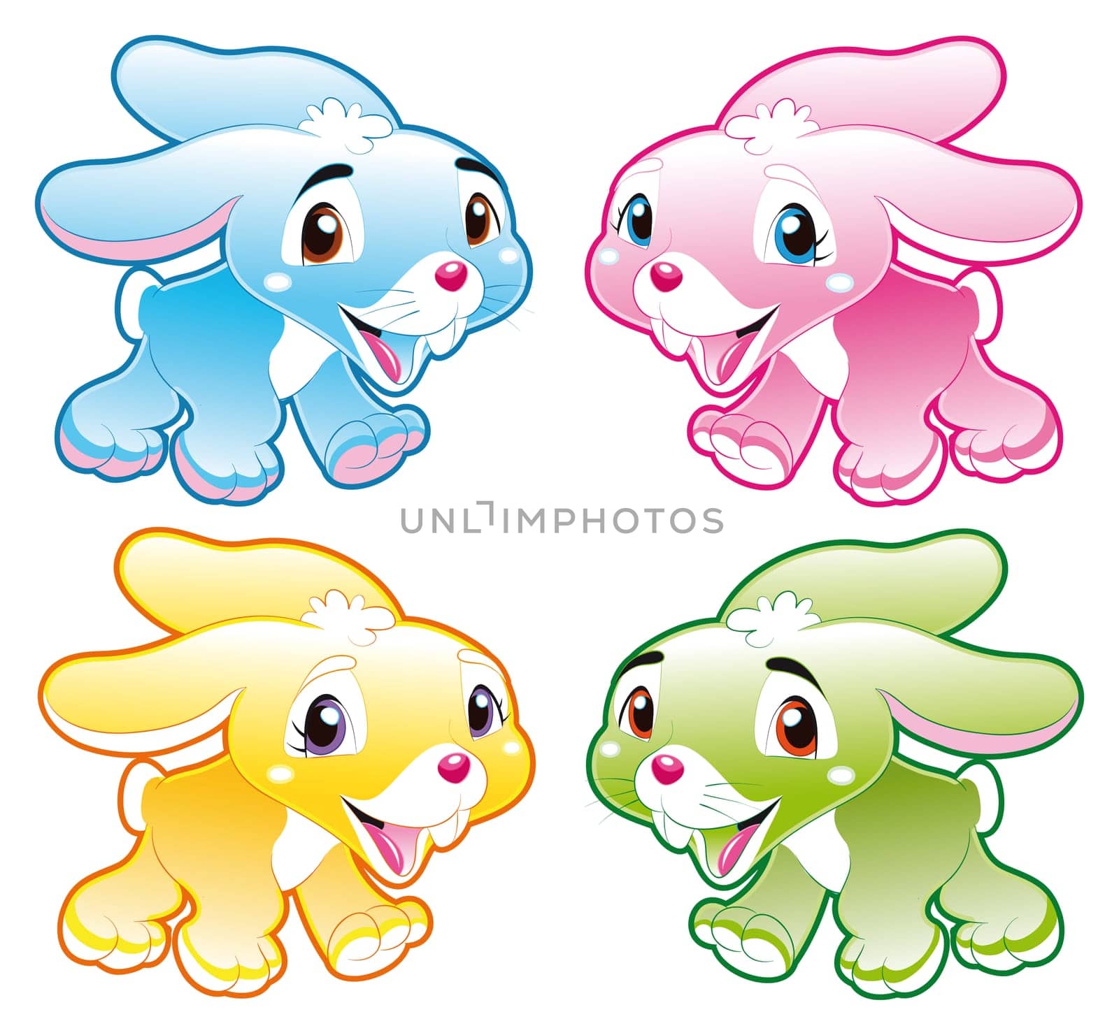 Four Babies Rabbit, funny cartoon and vector characters