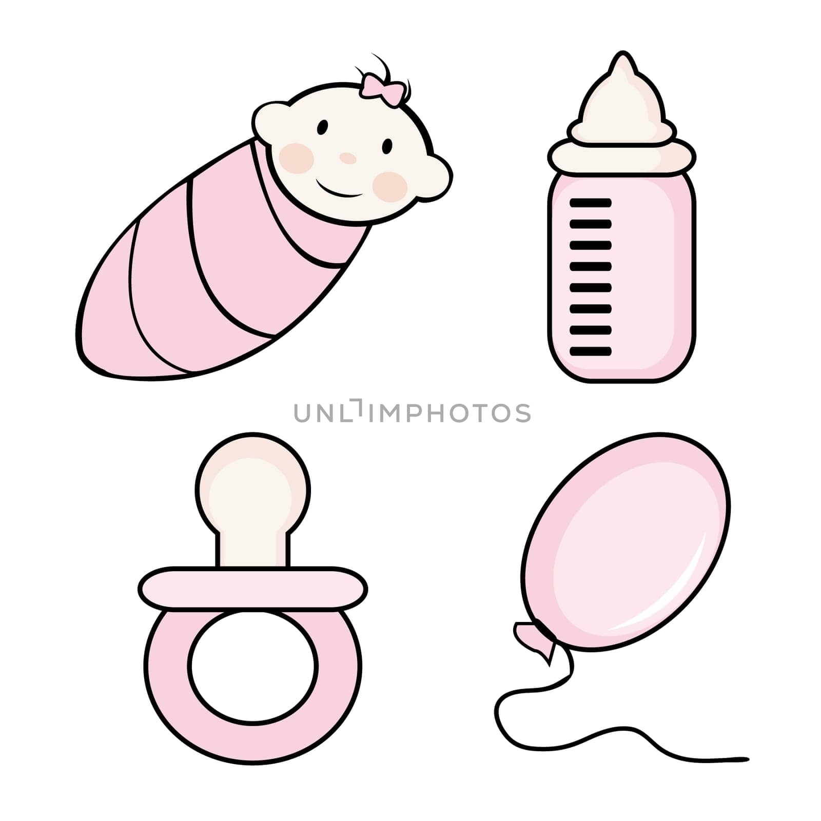 Set for newborn (girl, dummy, balloon, small bottle). Vector illustartion.