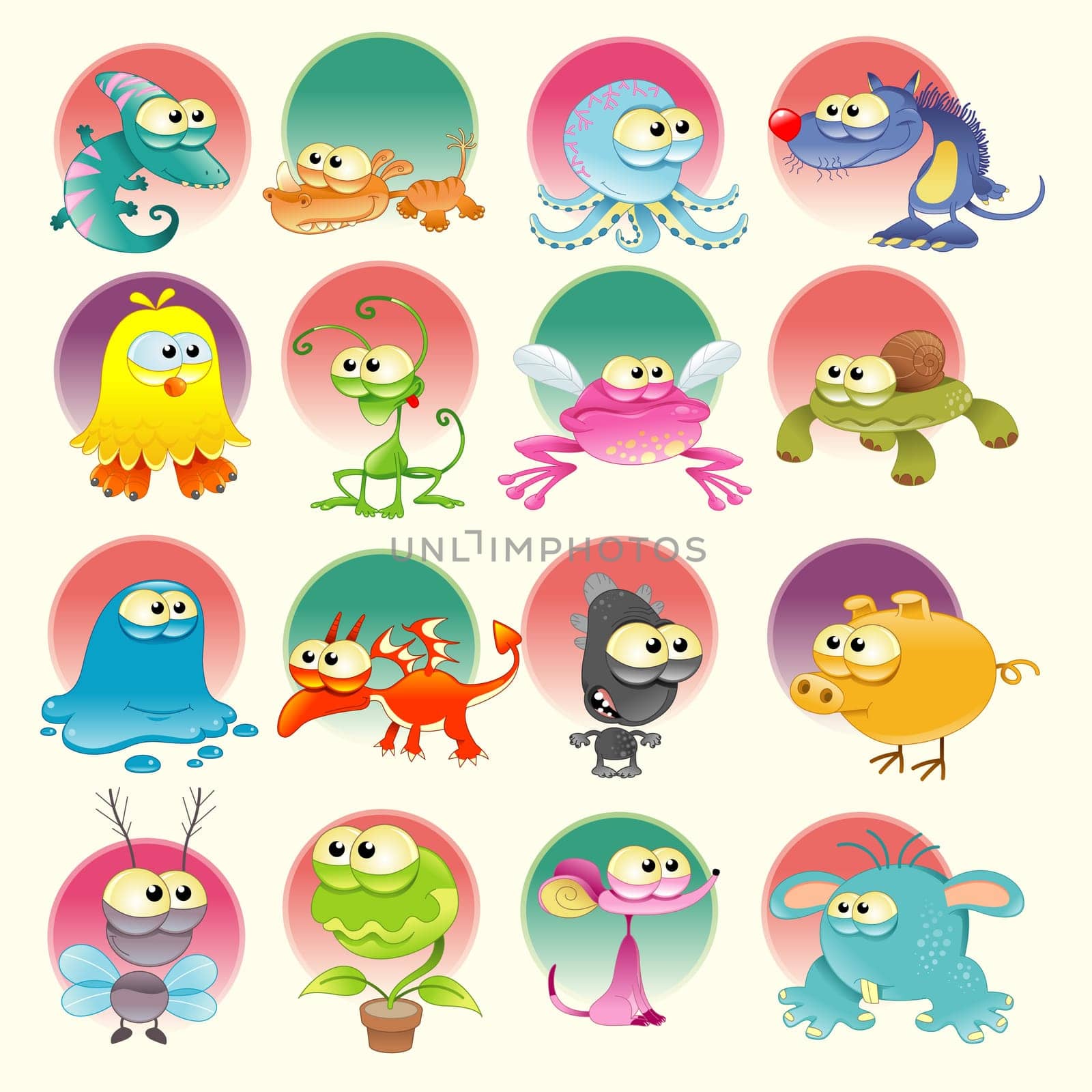 Family of monsters, cartoon and vector characters with background
