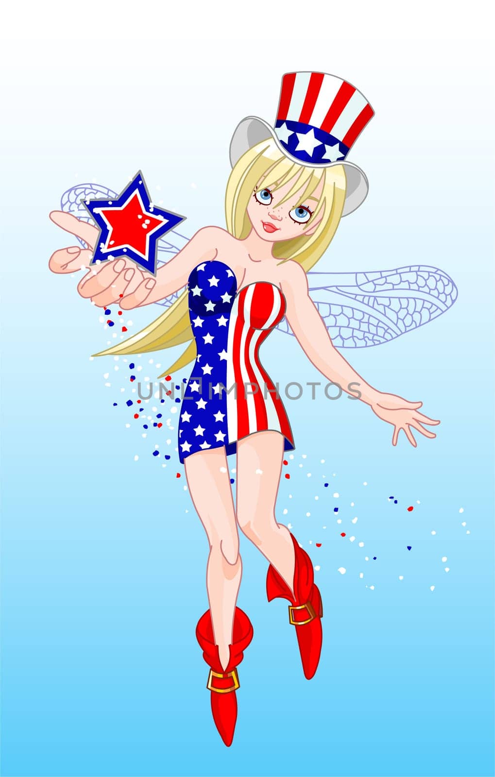 Beautiful fairy with American flag dress,  holding a star.