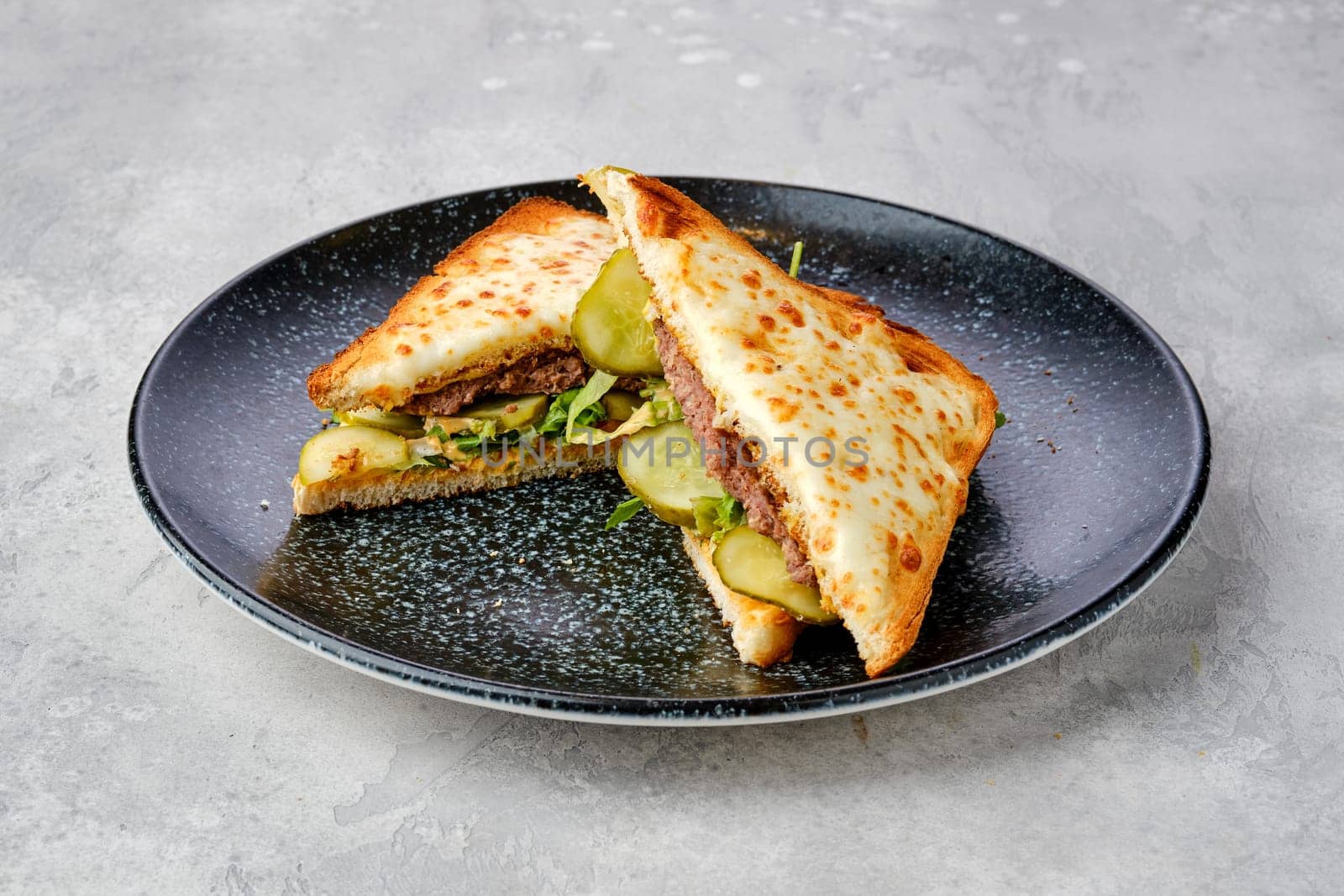 Sandwich with beef, pickled cucumber and cheese cut on triangle pieces