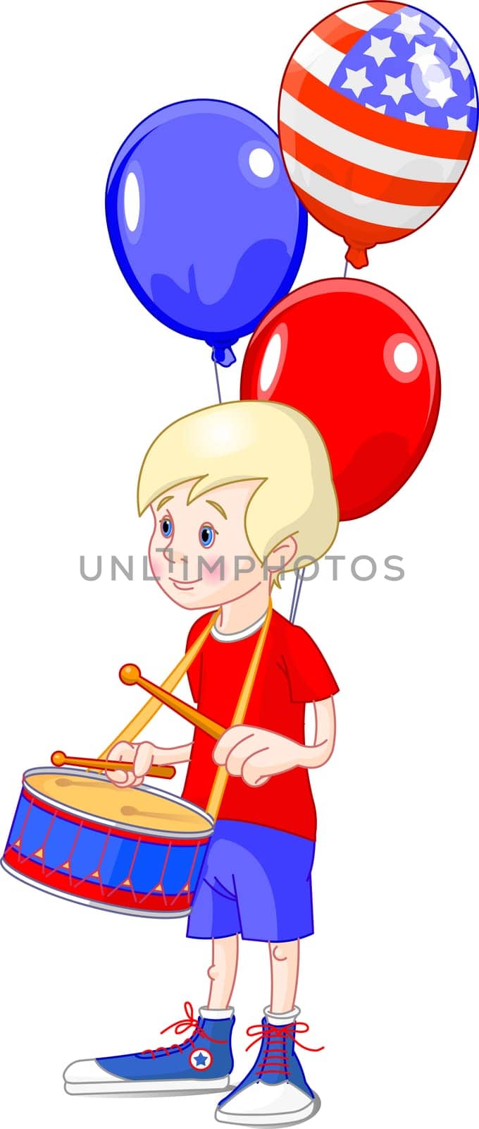 Funny boy beating the drum. Vector illustration
