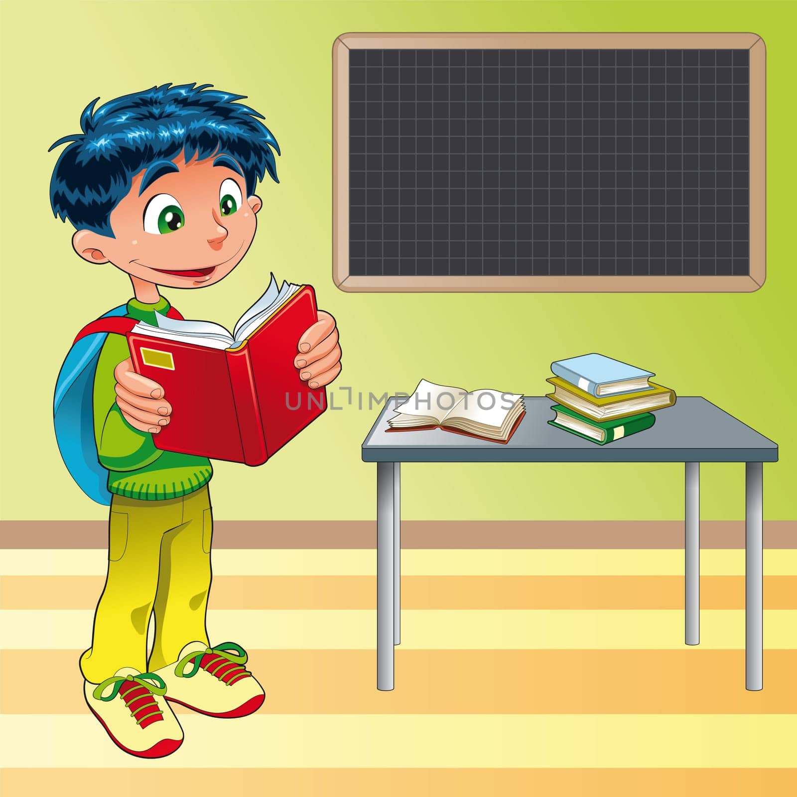 Boy, student in the classroom, vector illustration