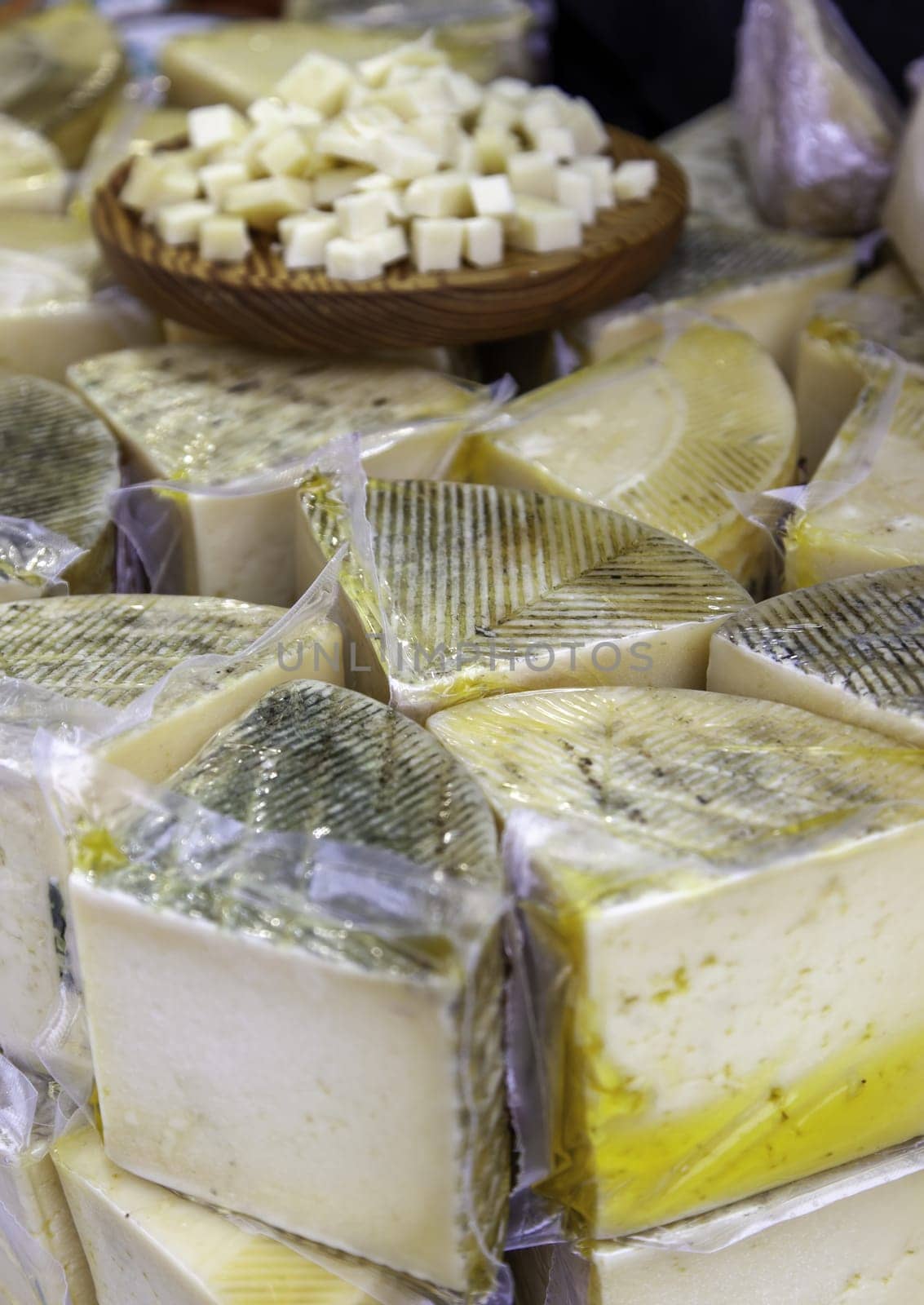 Detail of artisanal dairy product in an old market in Europe
