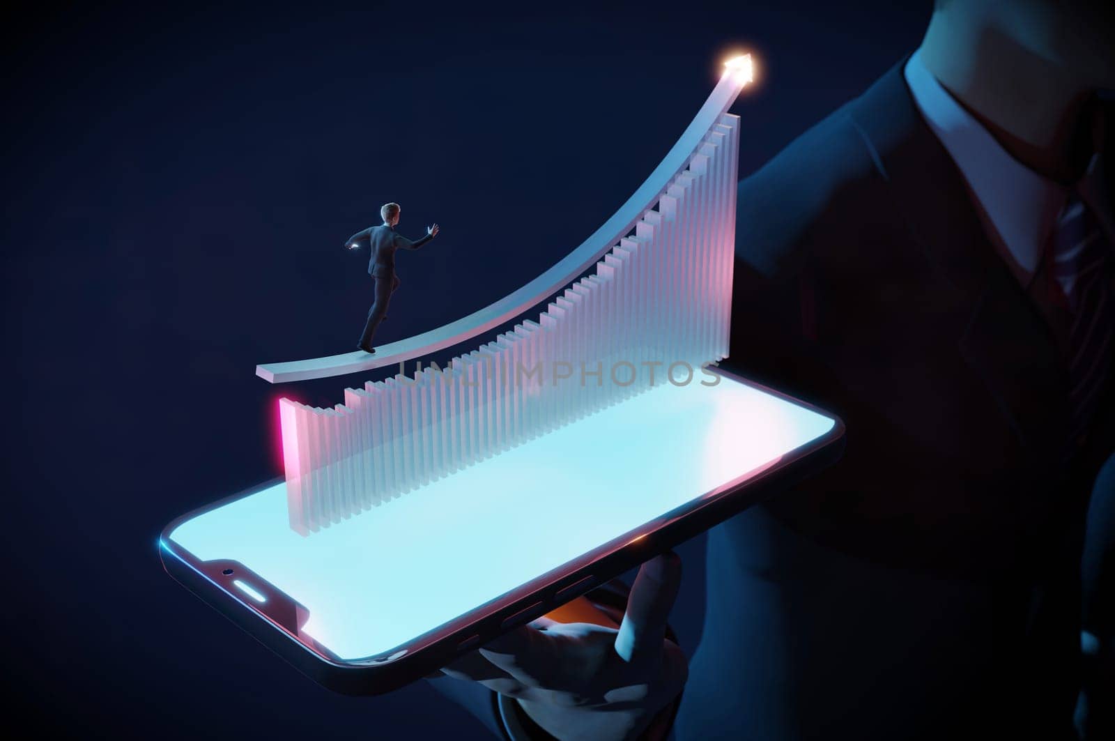 Businessman Hand on mobile growth arrow symbol business up background of success graph financial profit stock diagram