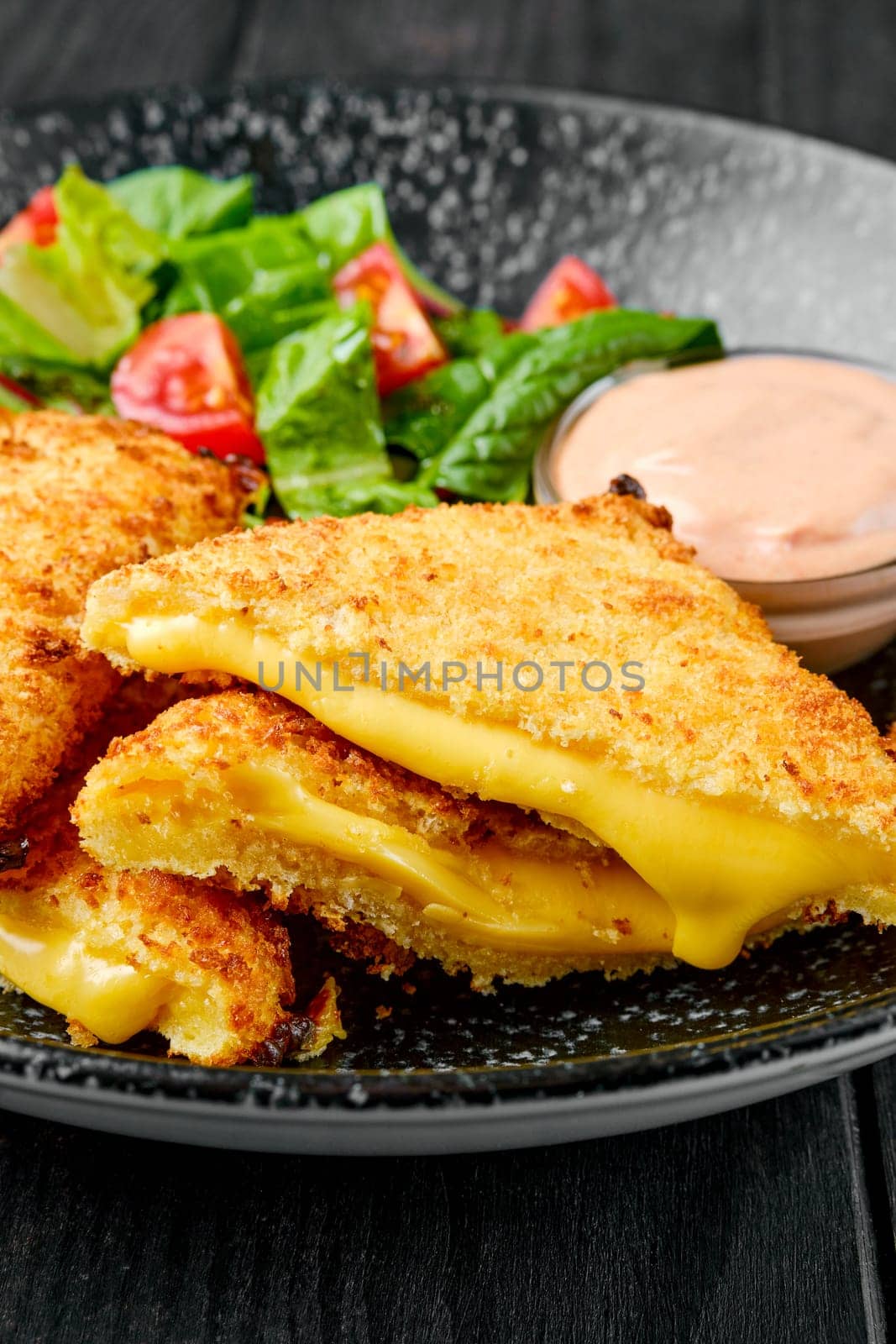 Closeup view of sandwich with melted cheddar and salad on a plate