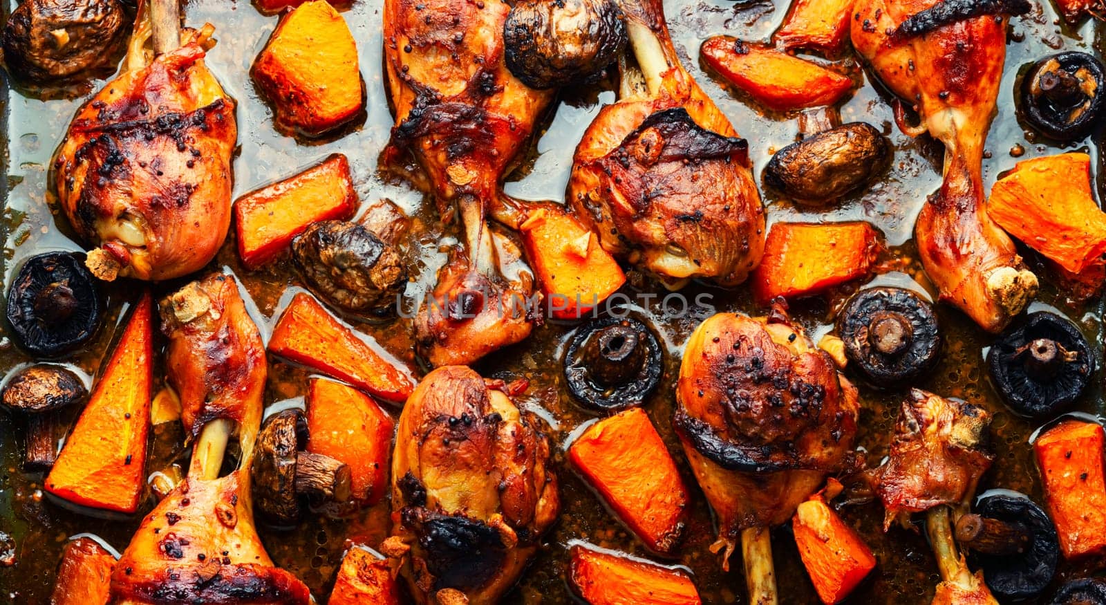Chicken marinated meat in ginger sauce. Chicken legs fried with pumpkin and mushrooms. Food background