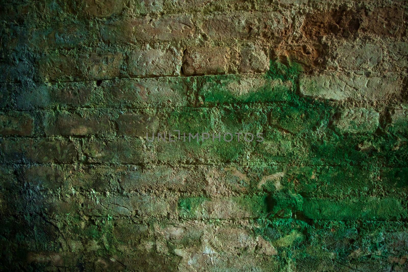 Green moss on the old brick wall has an abstract background texture