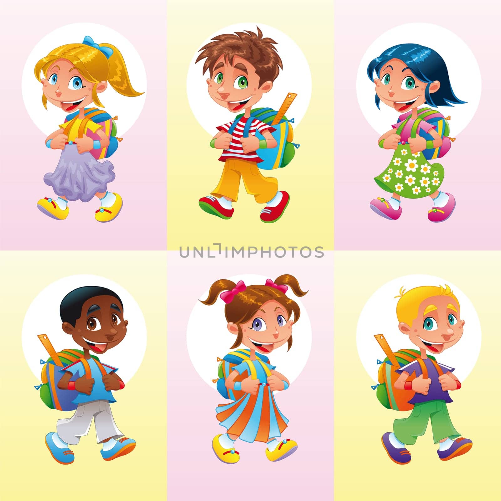 Students go to school, with background.  Cartoon and vector character