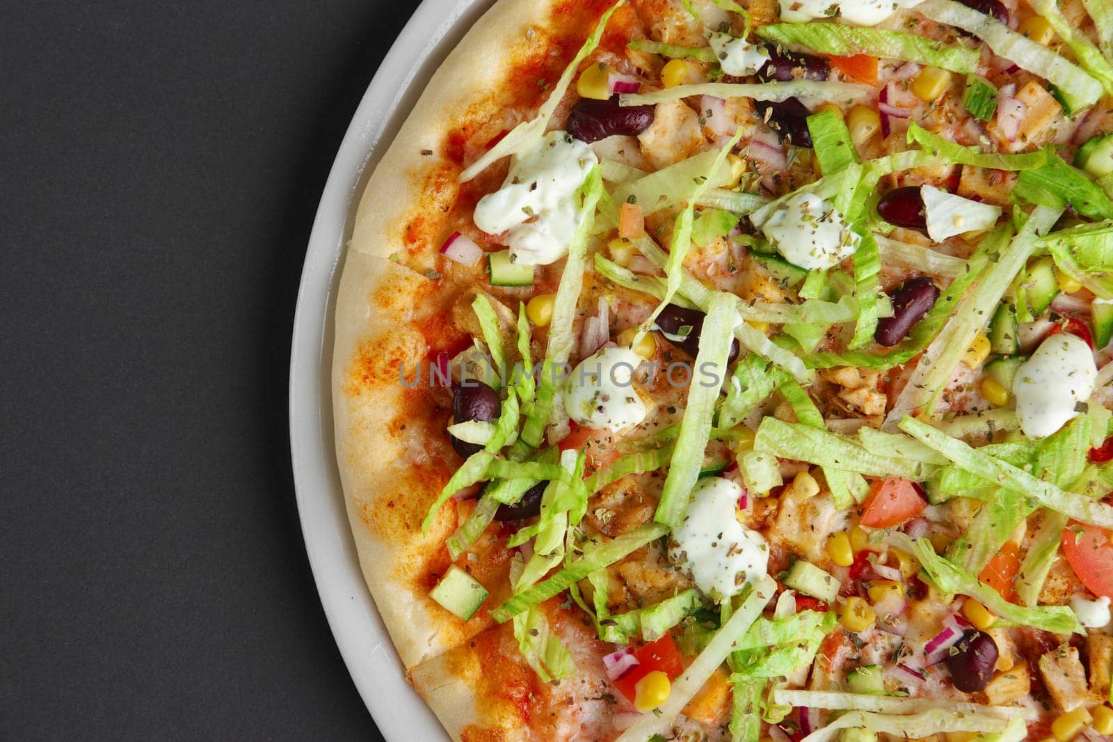 Part of pizza with Mozzarella, place for text.