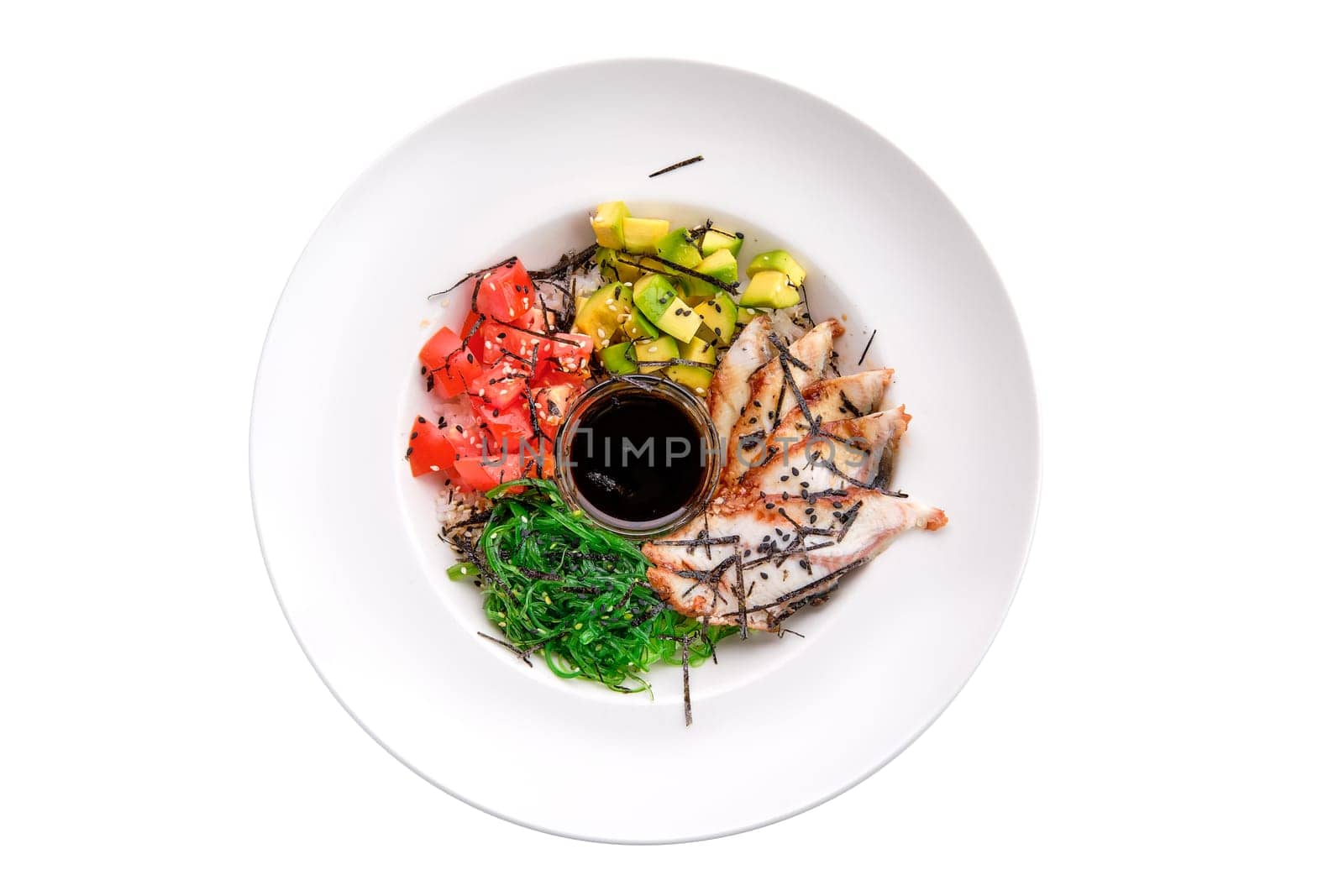Unagi sashimi rice bowl with avocado, seawed, tomato and soy sauce isolated on white