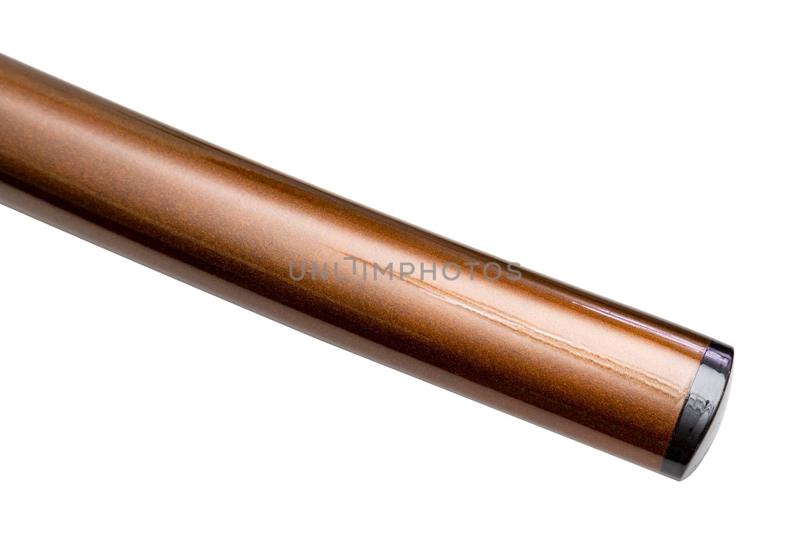 Close up the end of 'Saya' - shiny glossy brown gold scabbard with black horn tip of a 'katana' - Japanese long Sword isolated in white background. selective focus.