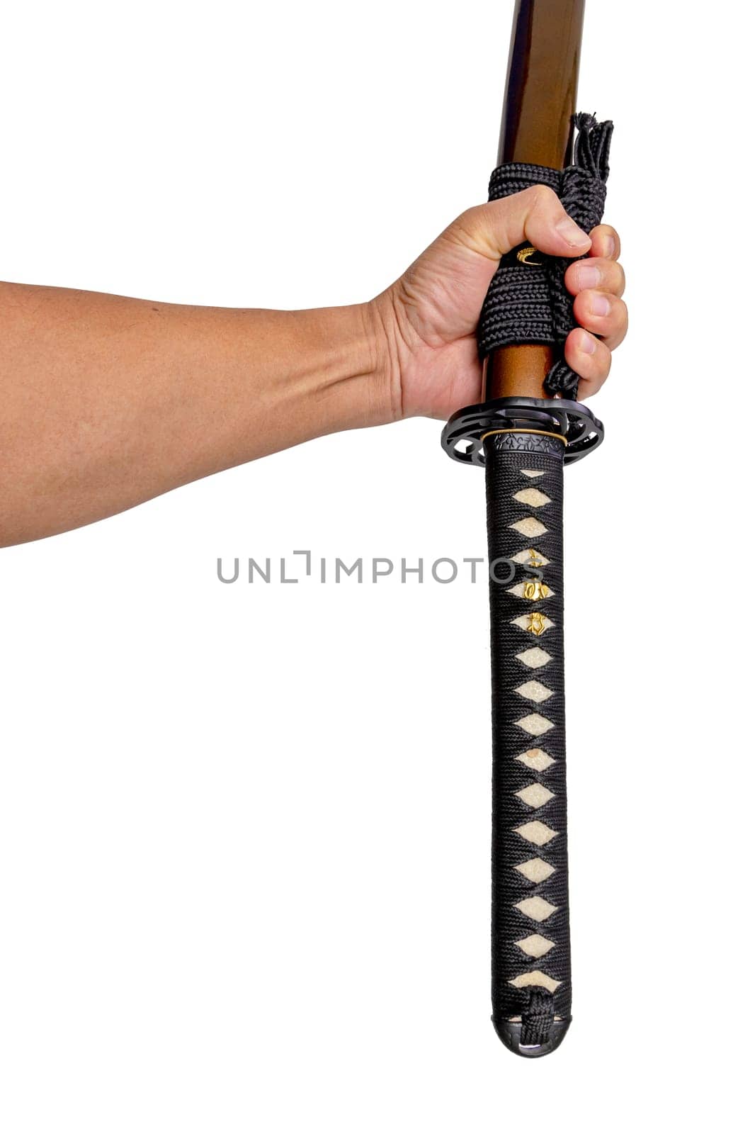 Upside down Sword - knife made to show that the sword is tight. Does not fall off the scabbard easily. isolated on a white background.