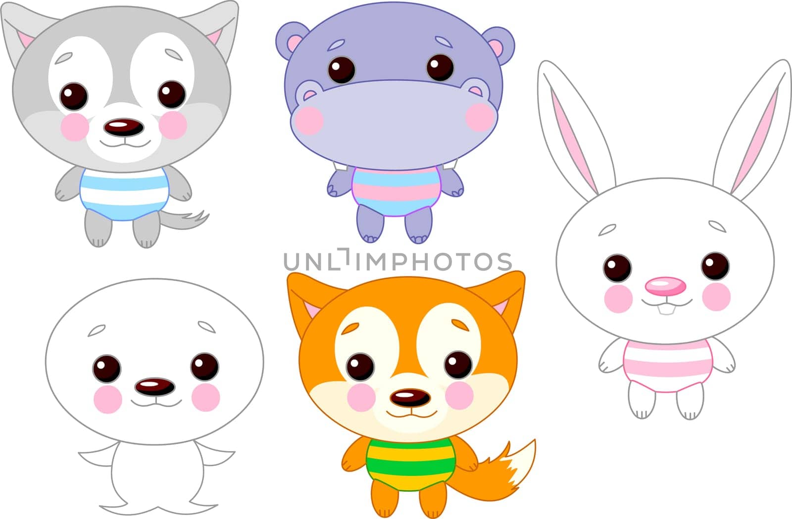 Cute funny baby animals set. Vector illustration
