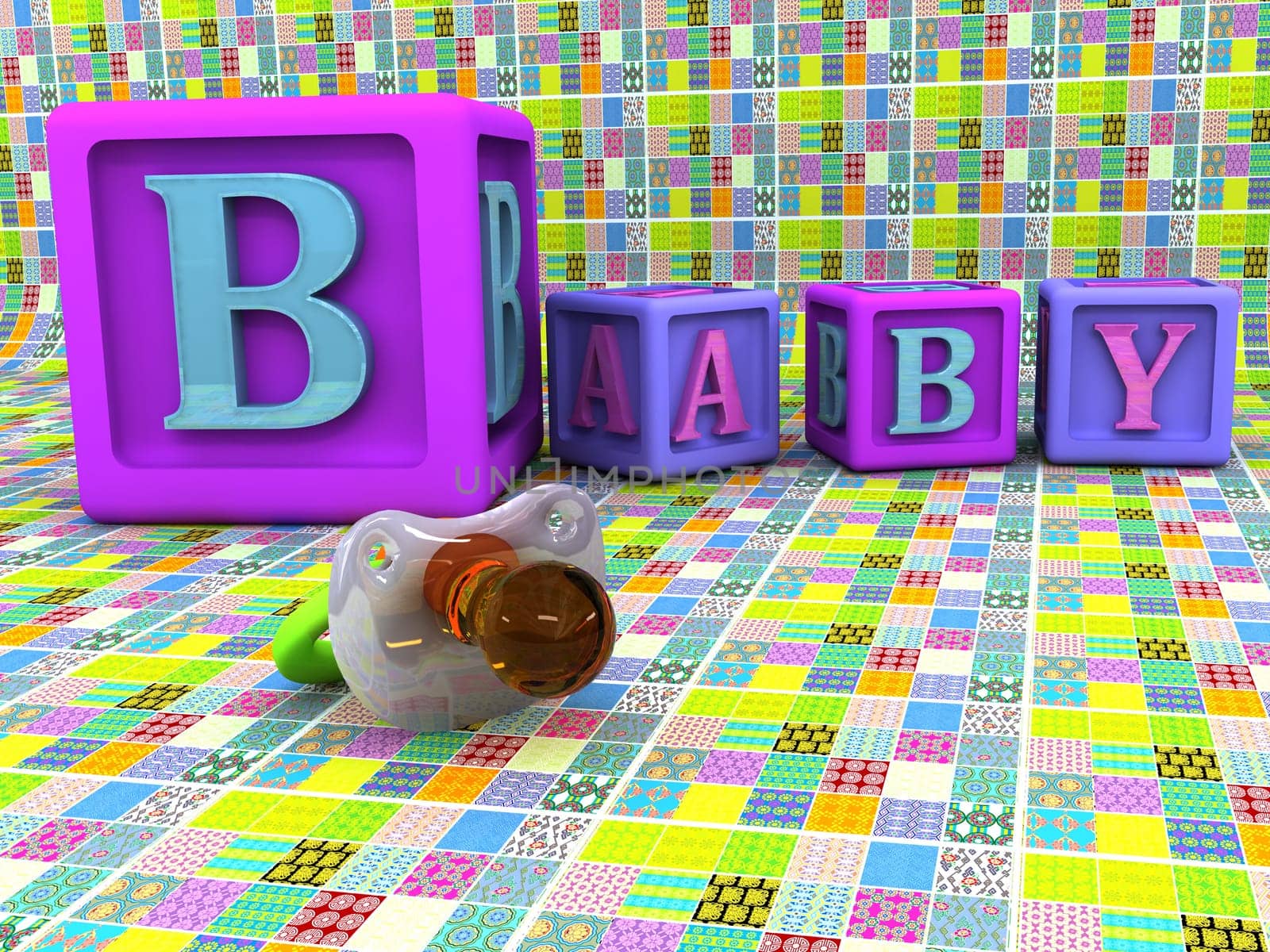 A stack of children's alphabet blocks spelling the word baby and pacifier.
