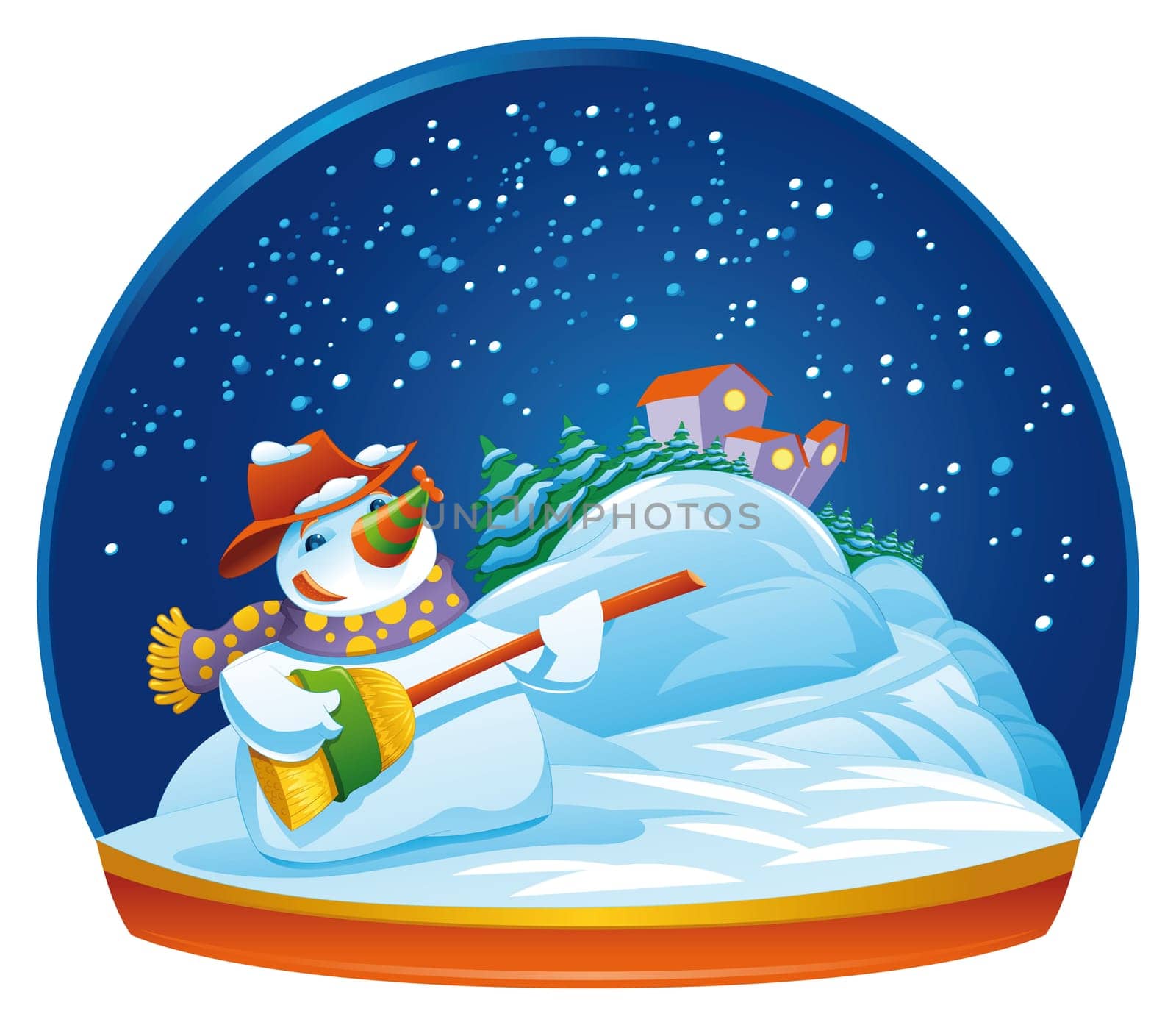 Snowman. Funny cartoon and vector isolated illustration.