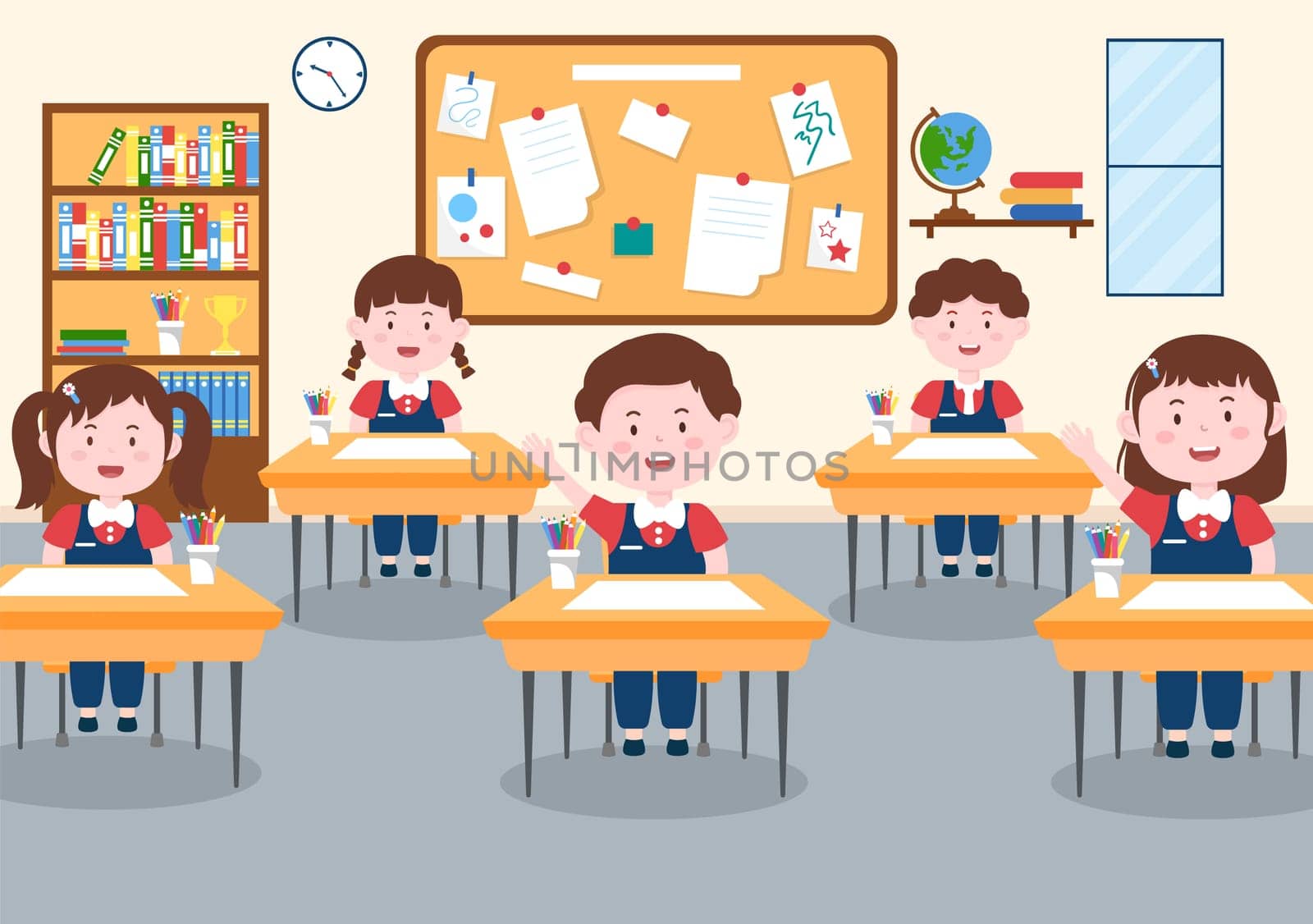 Primary School with Cute Little Students Studying in the Classroom in Hand Drawn Flat Cartoon Illustration Template