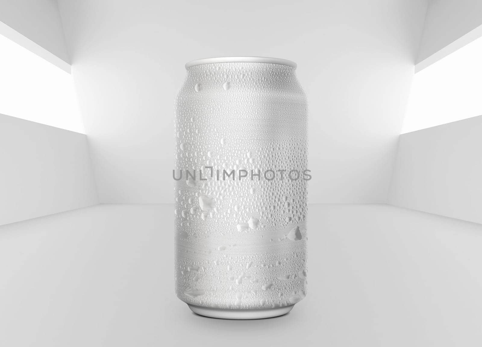 Aluminum can on water droplets background