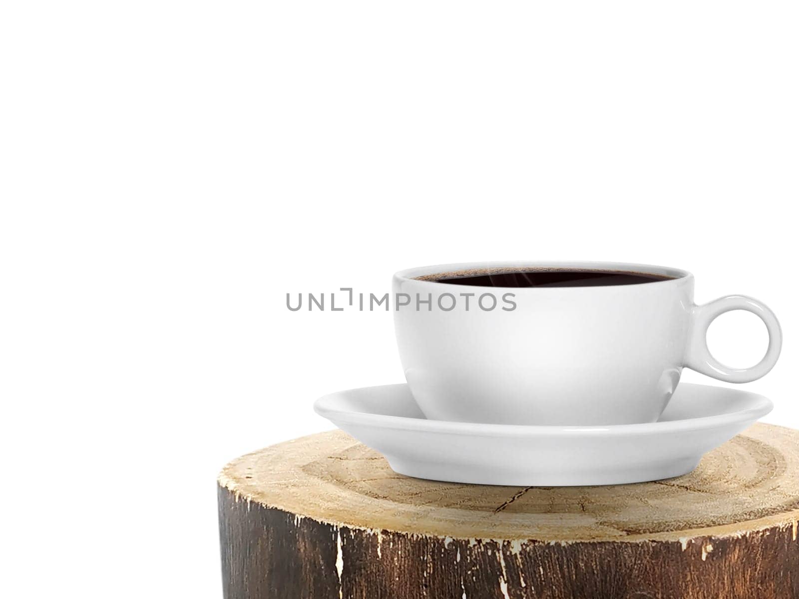 Cup of black coffee on old wood log