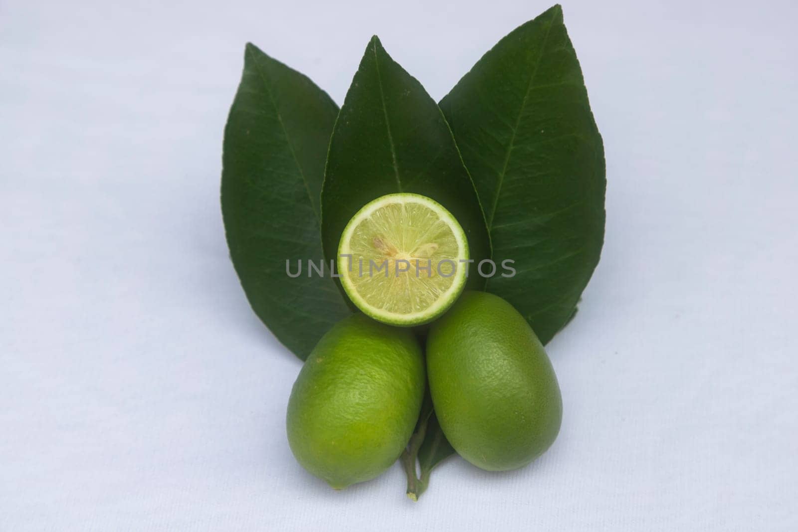 Fresh green lemon slice pieces with leaf. Testy lemon fruits. Refreshing summer drink ingredient