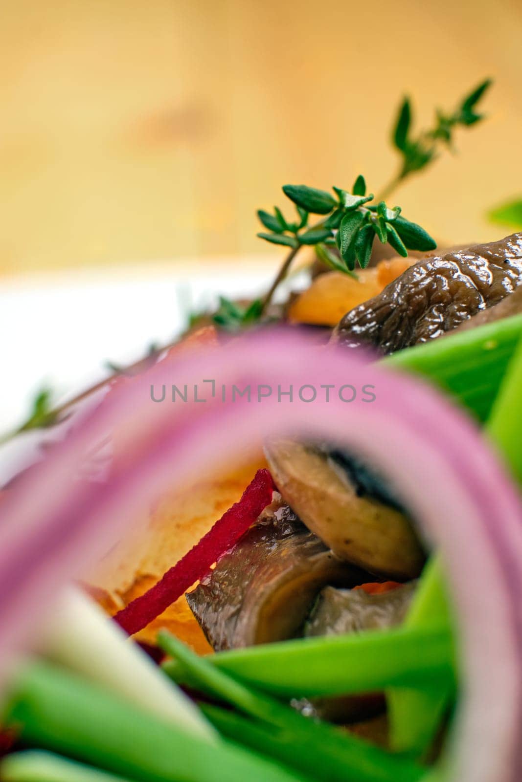 Macro photo of beetroot, pickled cabbage and mushrooms