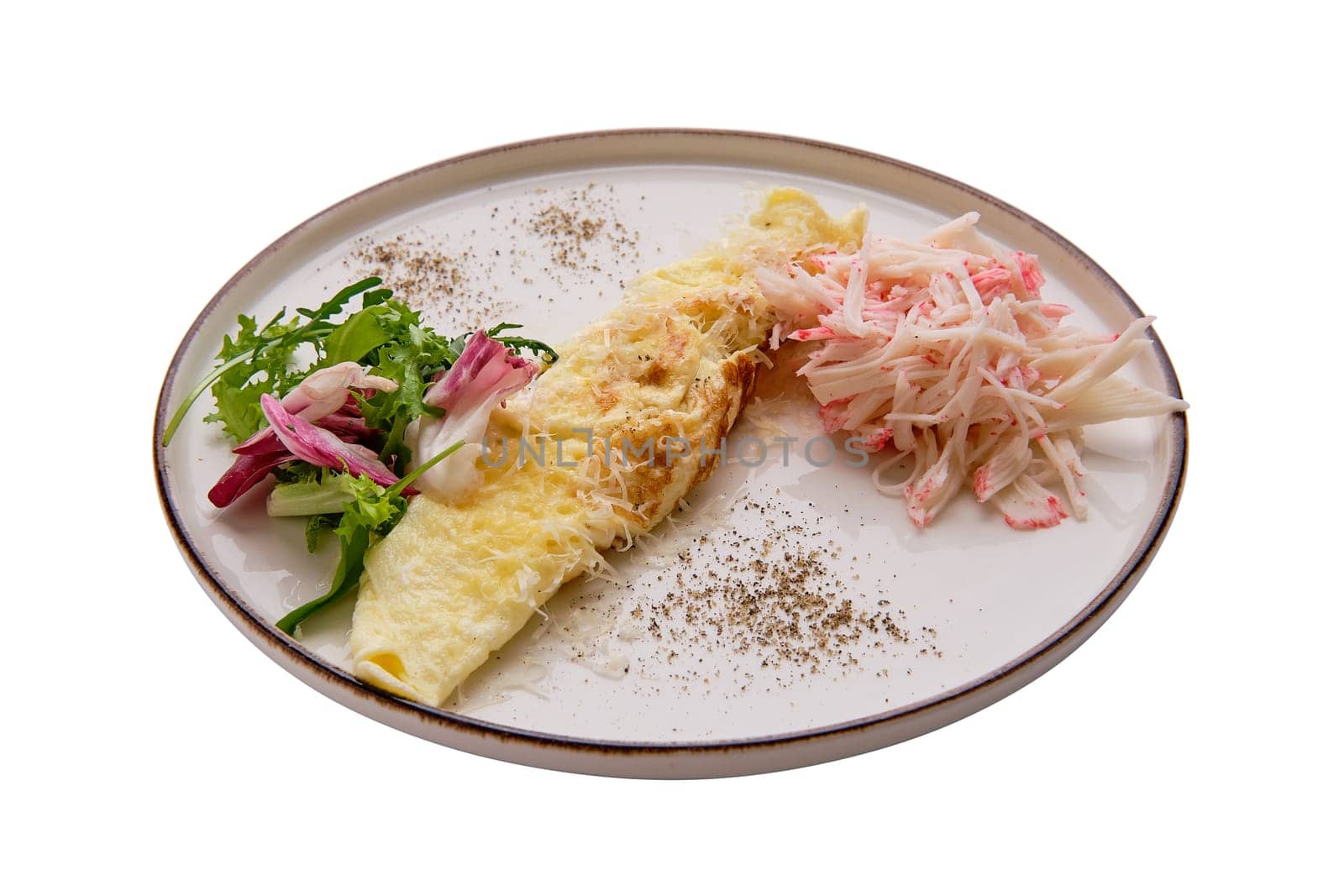 Omelette with crab meat and salad