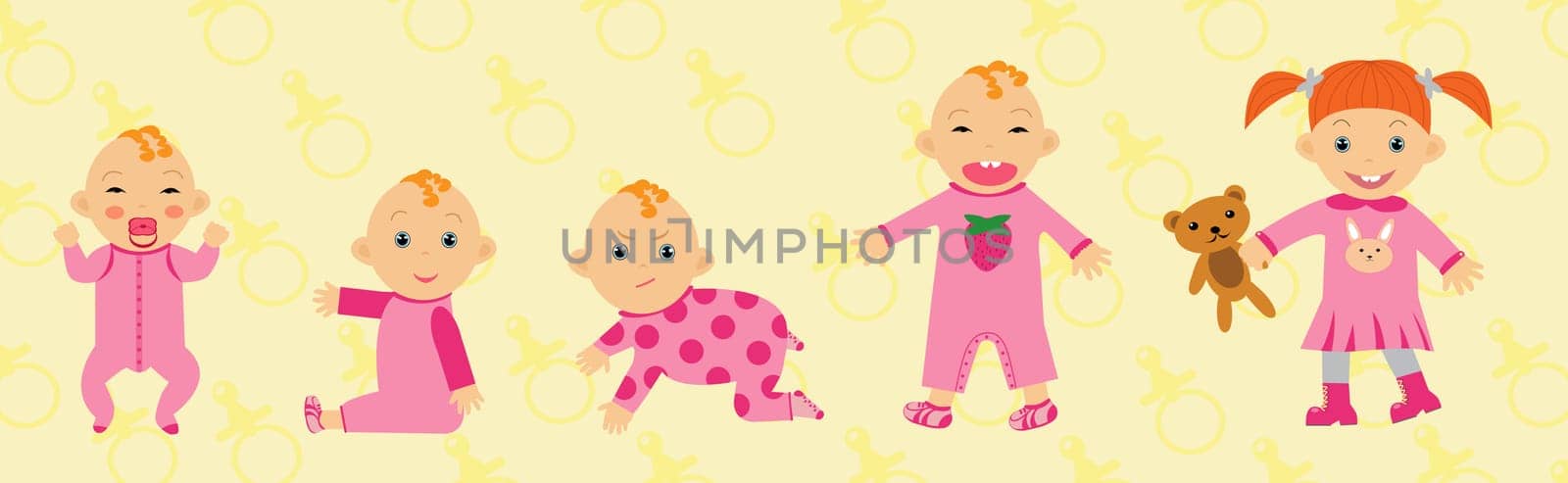 A vector illustration of a baby girl growing up