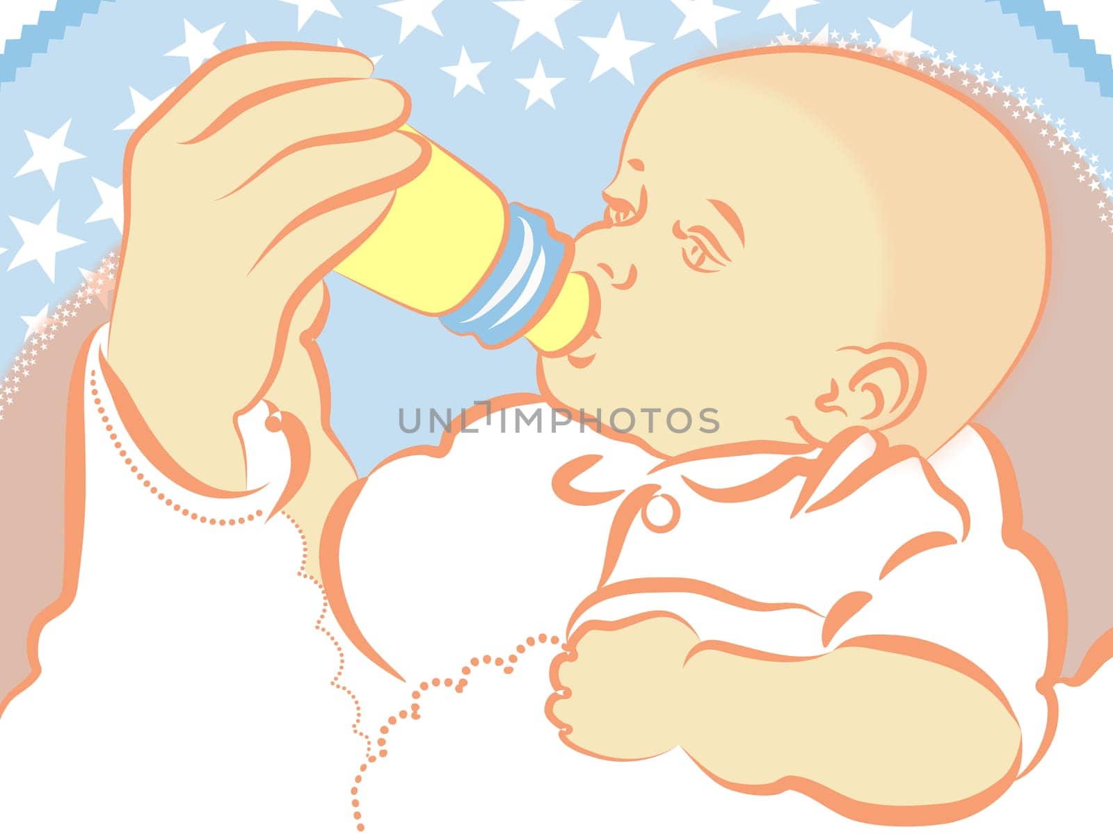 illustration drawing of a lovely baby is drinking milk