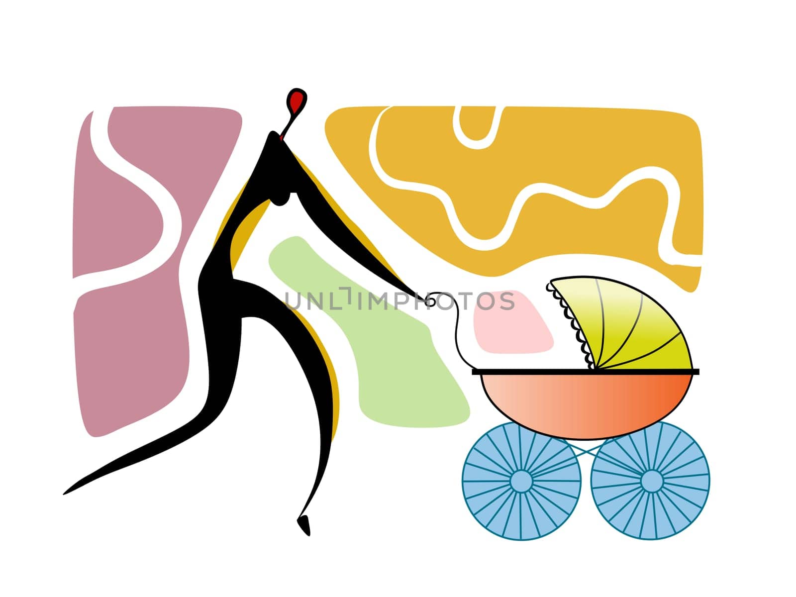 illustration drawing of young lady push a pram