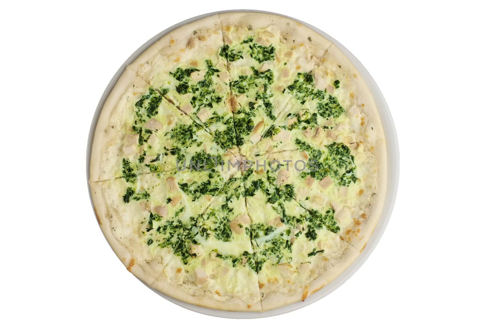 Top view of pizza with ham and mushroom isolated on white