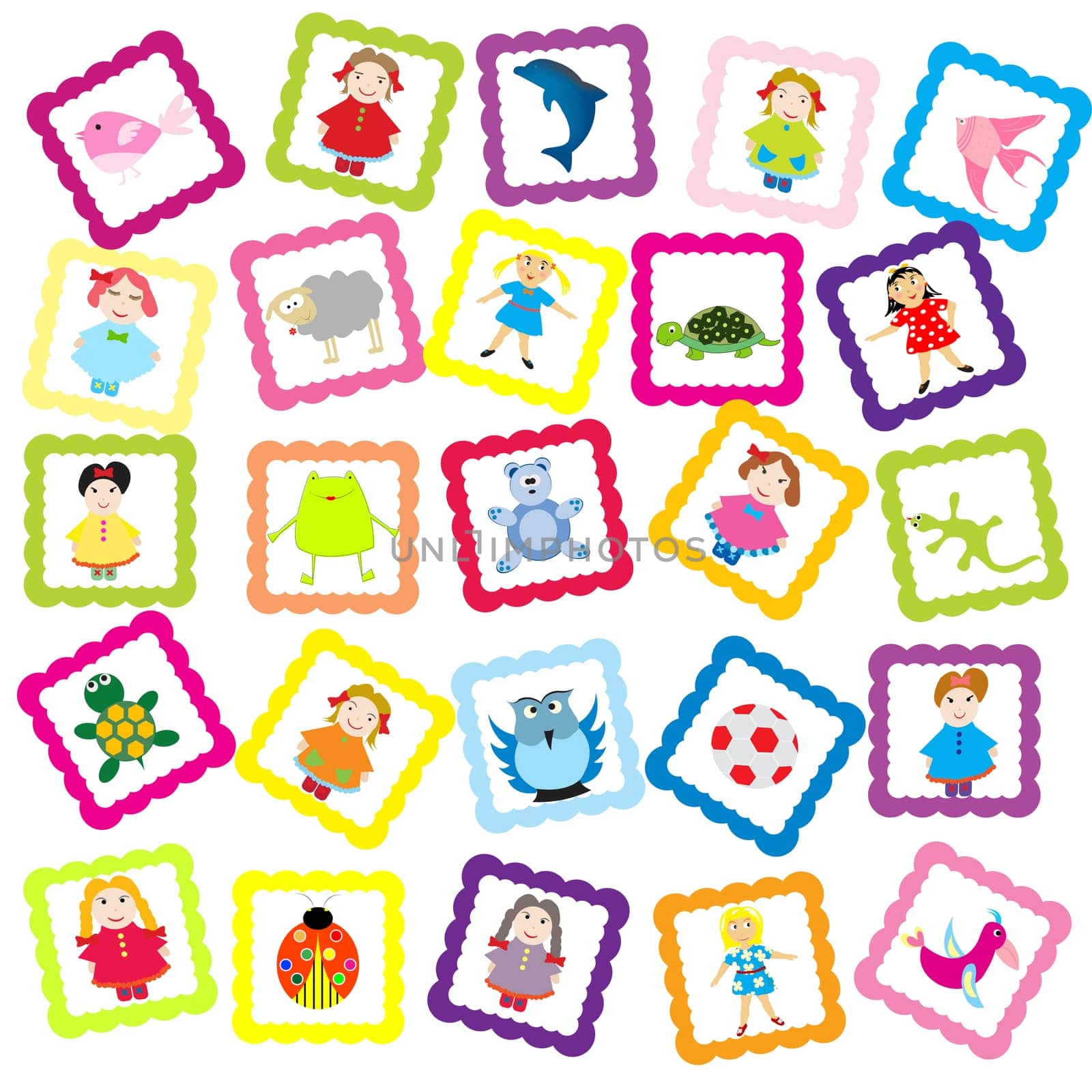 Baby background with various toys, for kindergarten